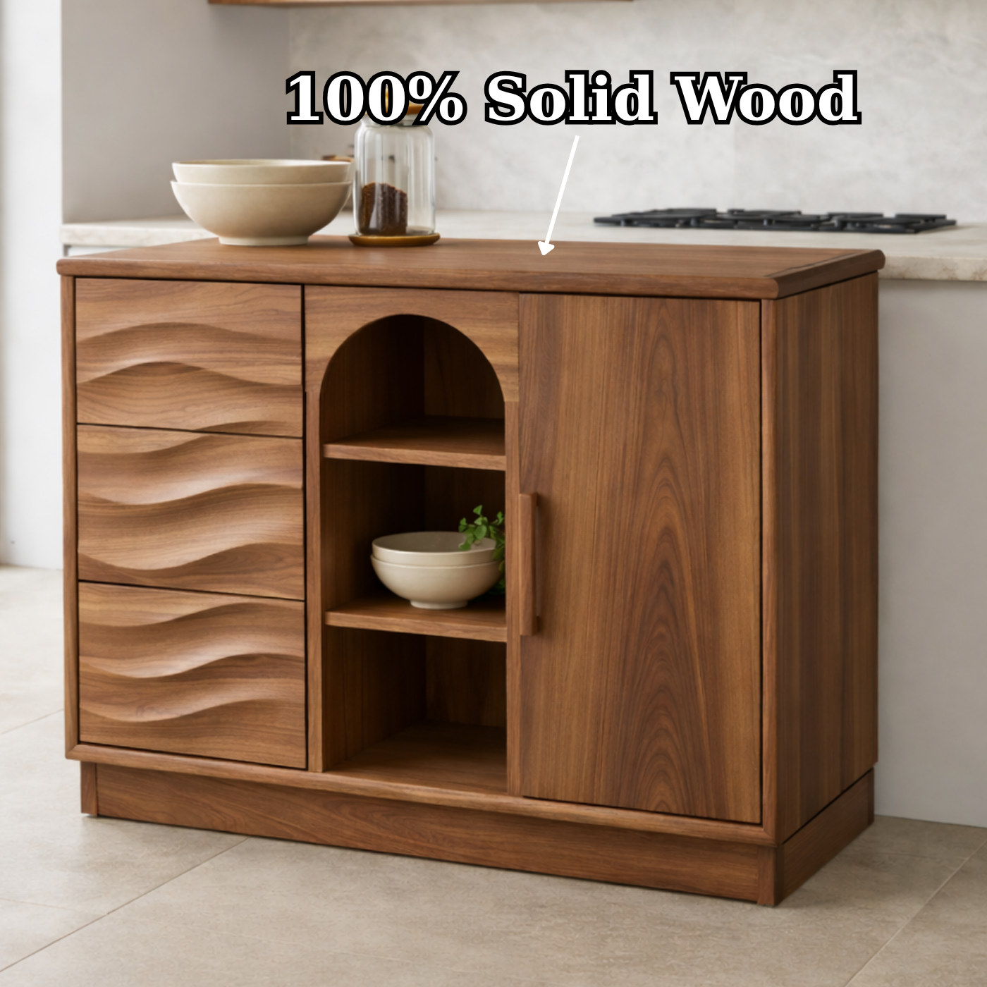 Solid Walnut Kitchen Island with Wave Drawers & Size Options