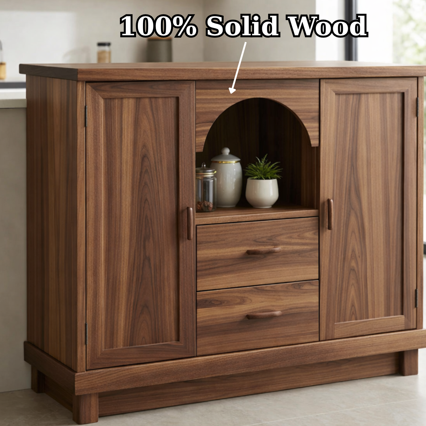 Solid Walnut Kitchen Island with Doors, Drawers & Arched Shelf