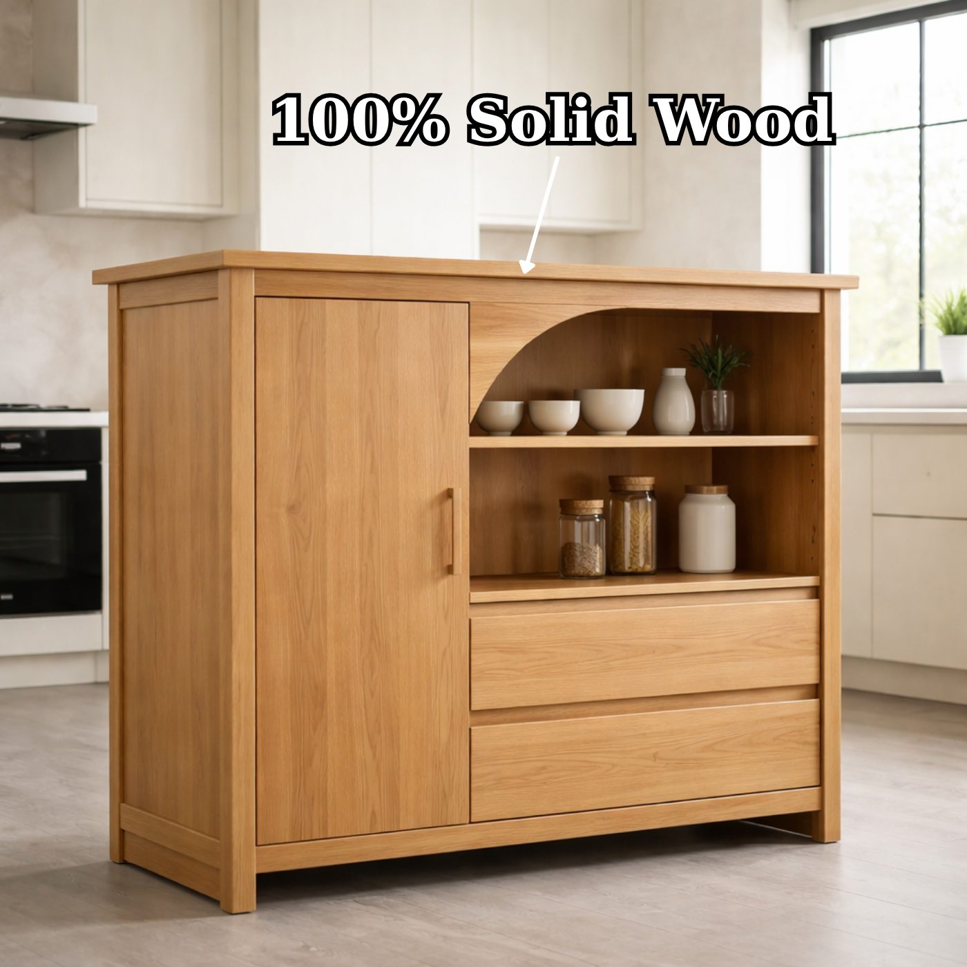 Solid Oak Kitchen Island with Arched Open Shelf & Drawer Storage