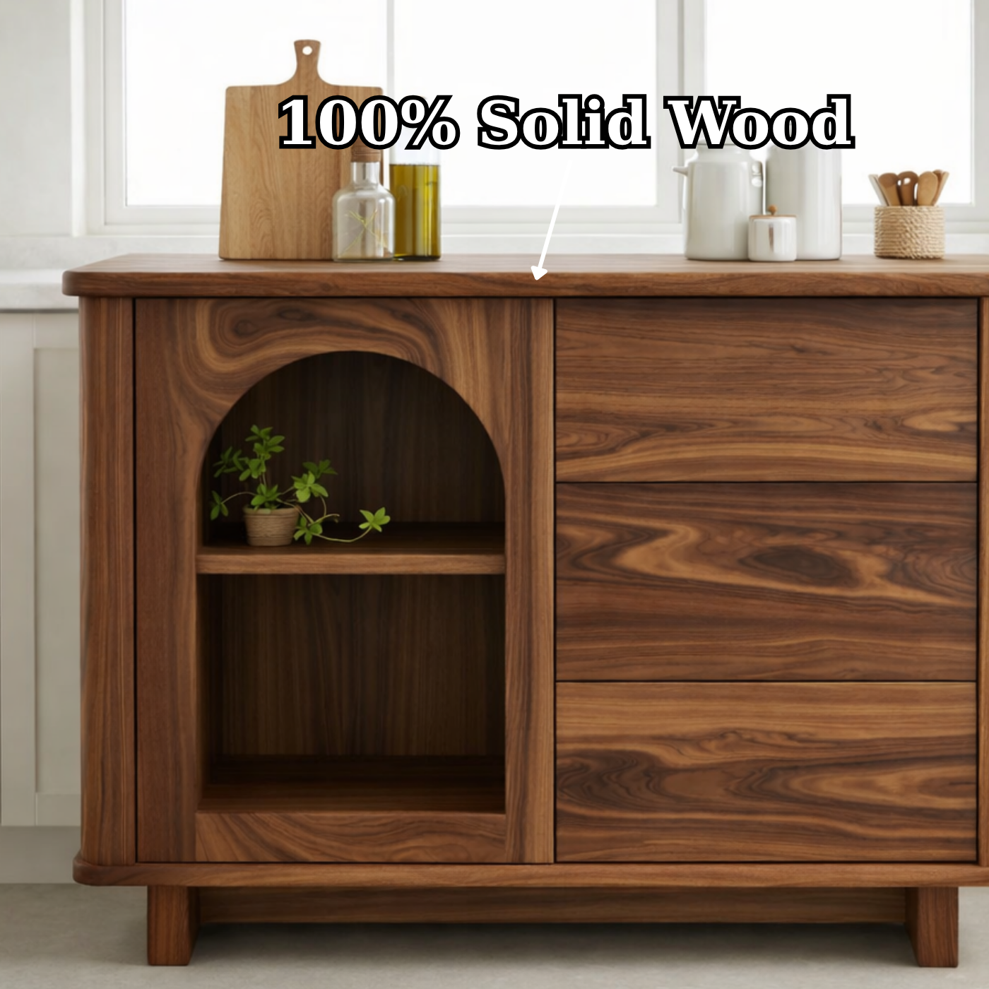 Solid Walnut Kitchen Island with Arched Open Shelf & Drawer Storage