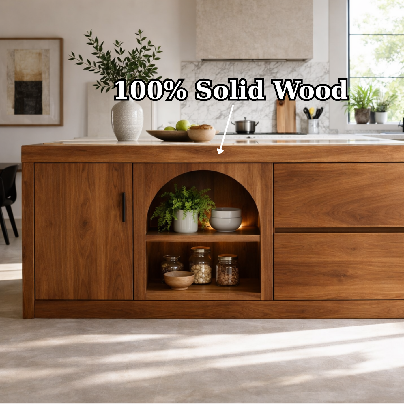Solid Woood Kitchen Island with Arched Shelf, Drawer & Cabinet Storage