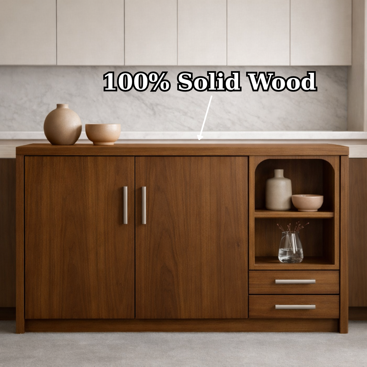 Solid Walnut Kitchen Island with Double Doors, Open Shelf & Drawer Storage