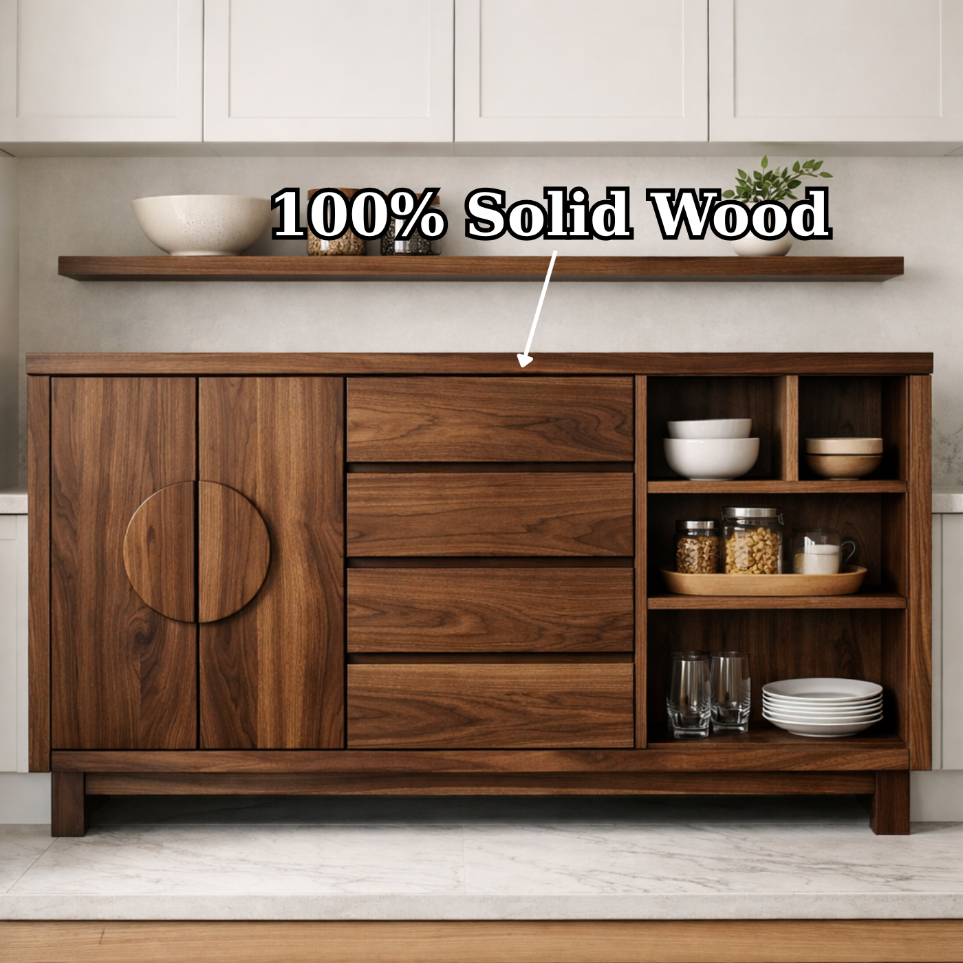 Solid Oak Kitchen Island with Round Handle Doors & Open Shelf Storage