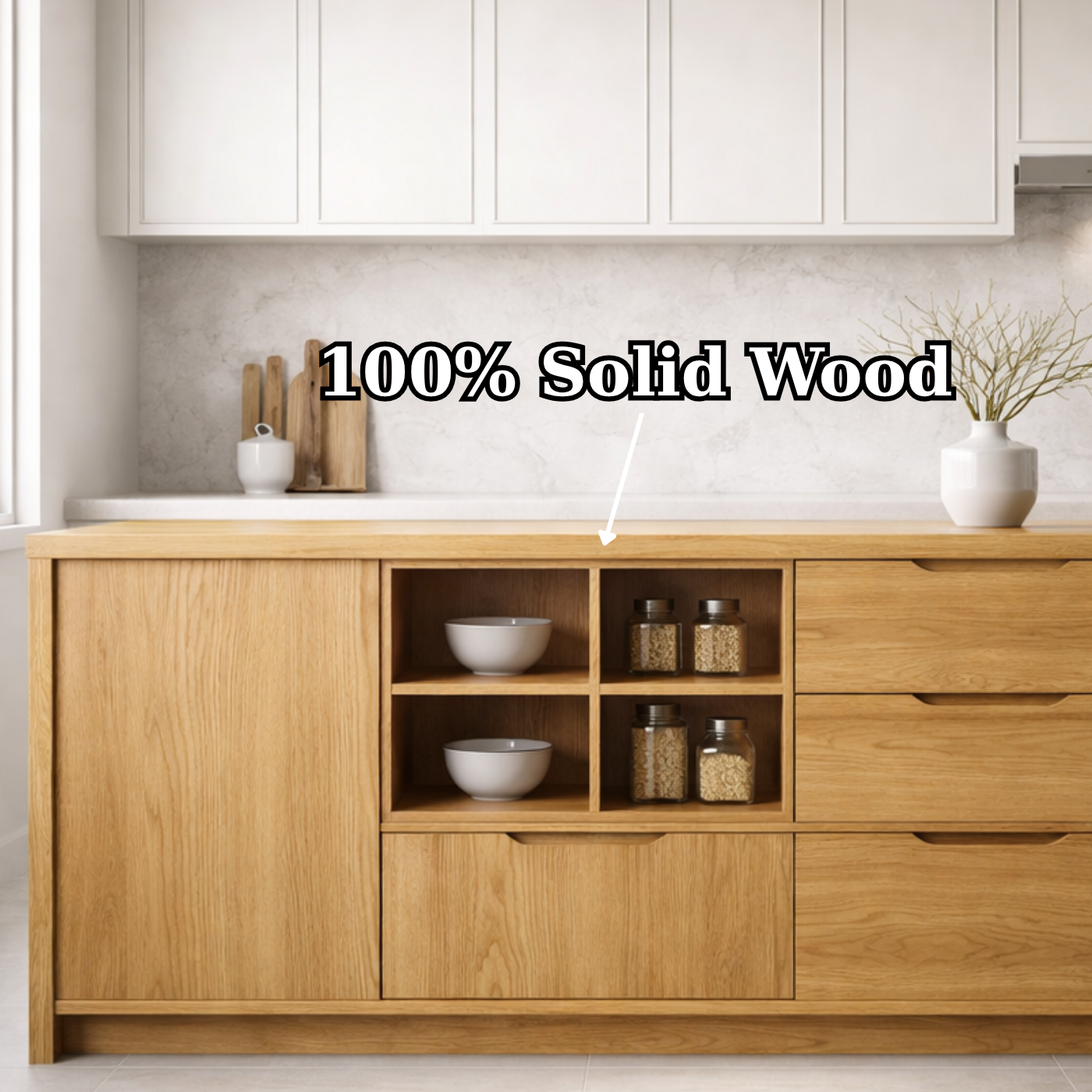 Solid Oak Kitchen Island with Drawer Storage & Open Shelving