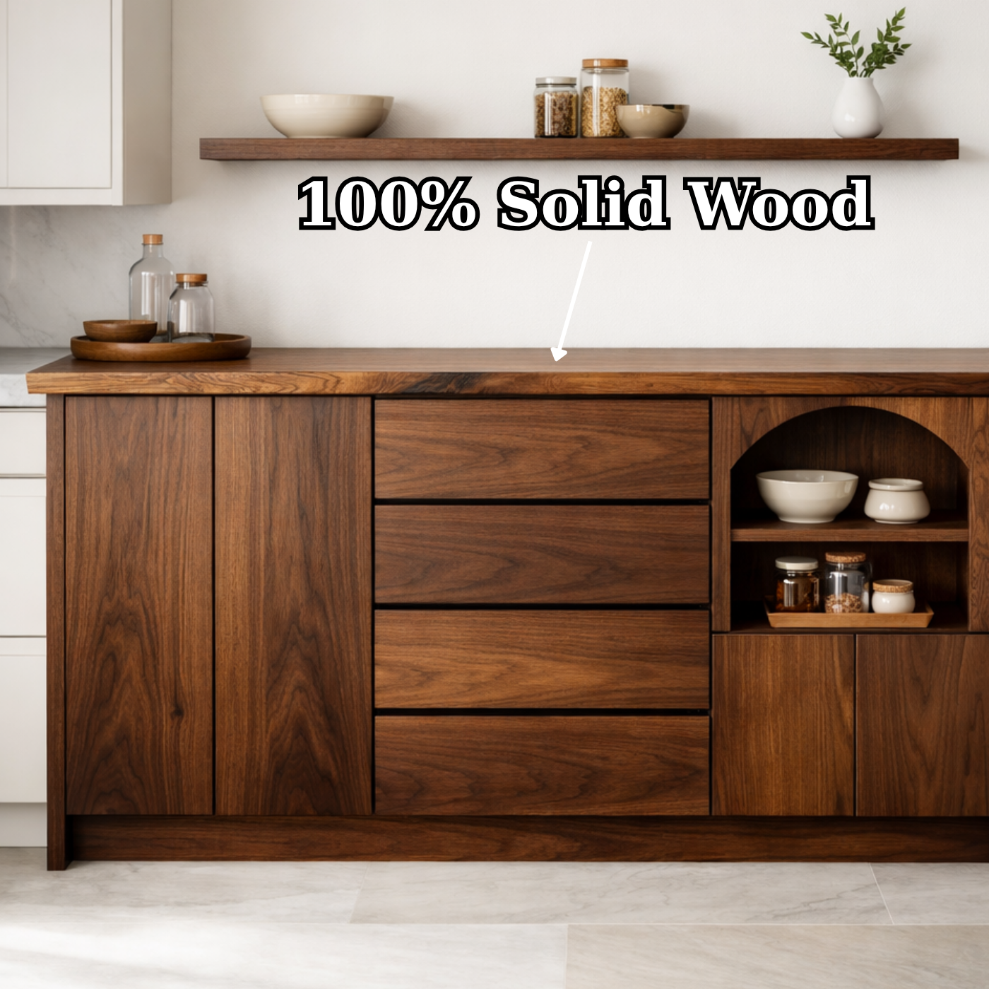 Solid Walnut Kitchen Island with Drawers, Doors & Arched Open Shelf