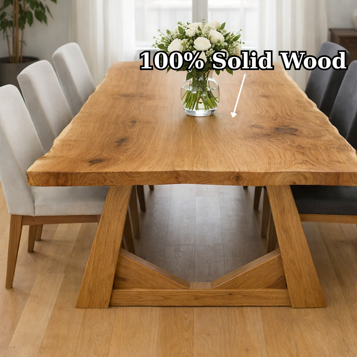 Solid Oak Dining Table with Trestle Base – Natural Wood Farmhouse Table