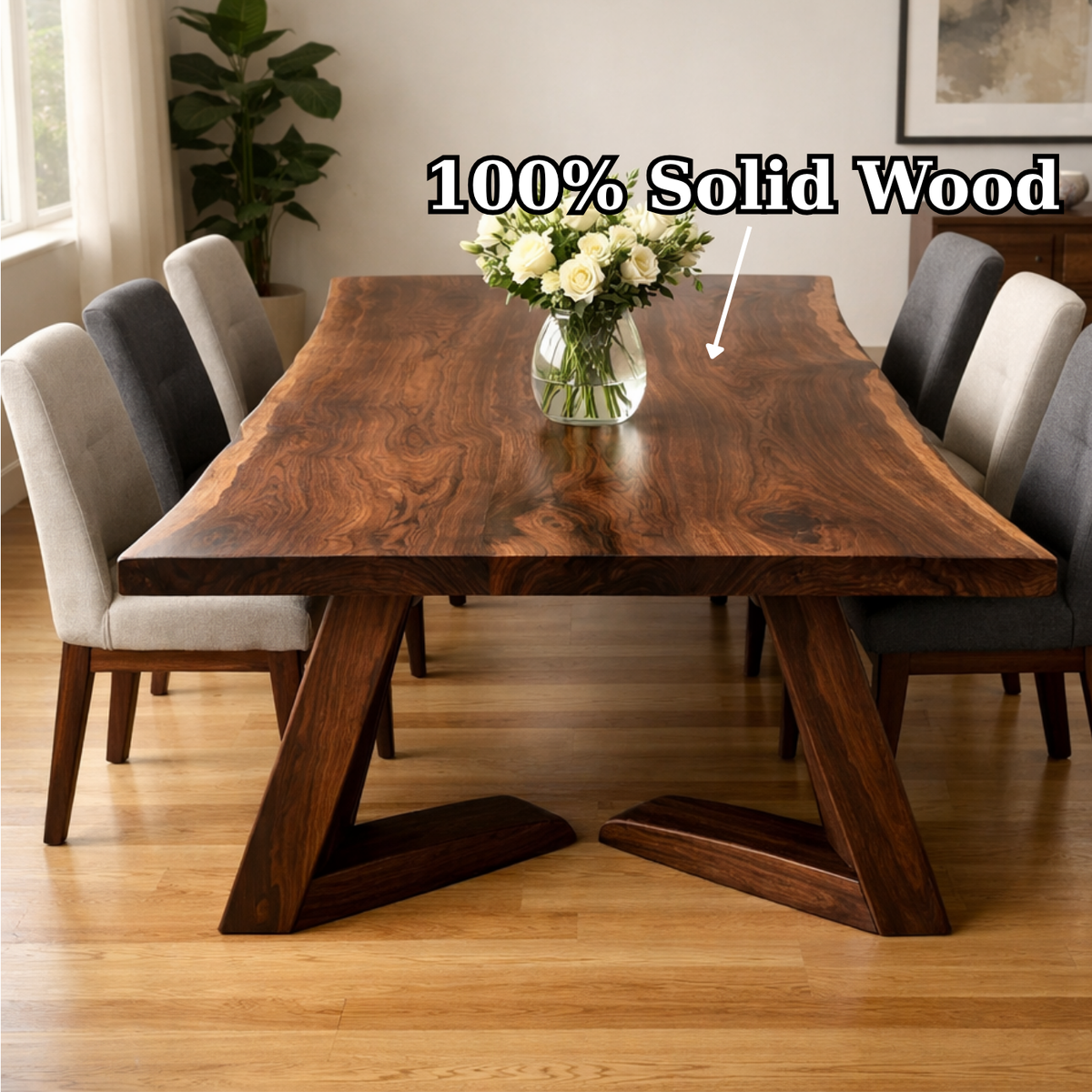 Solid Walnut Live Edge Dining Table with Sculptural Angled Base