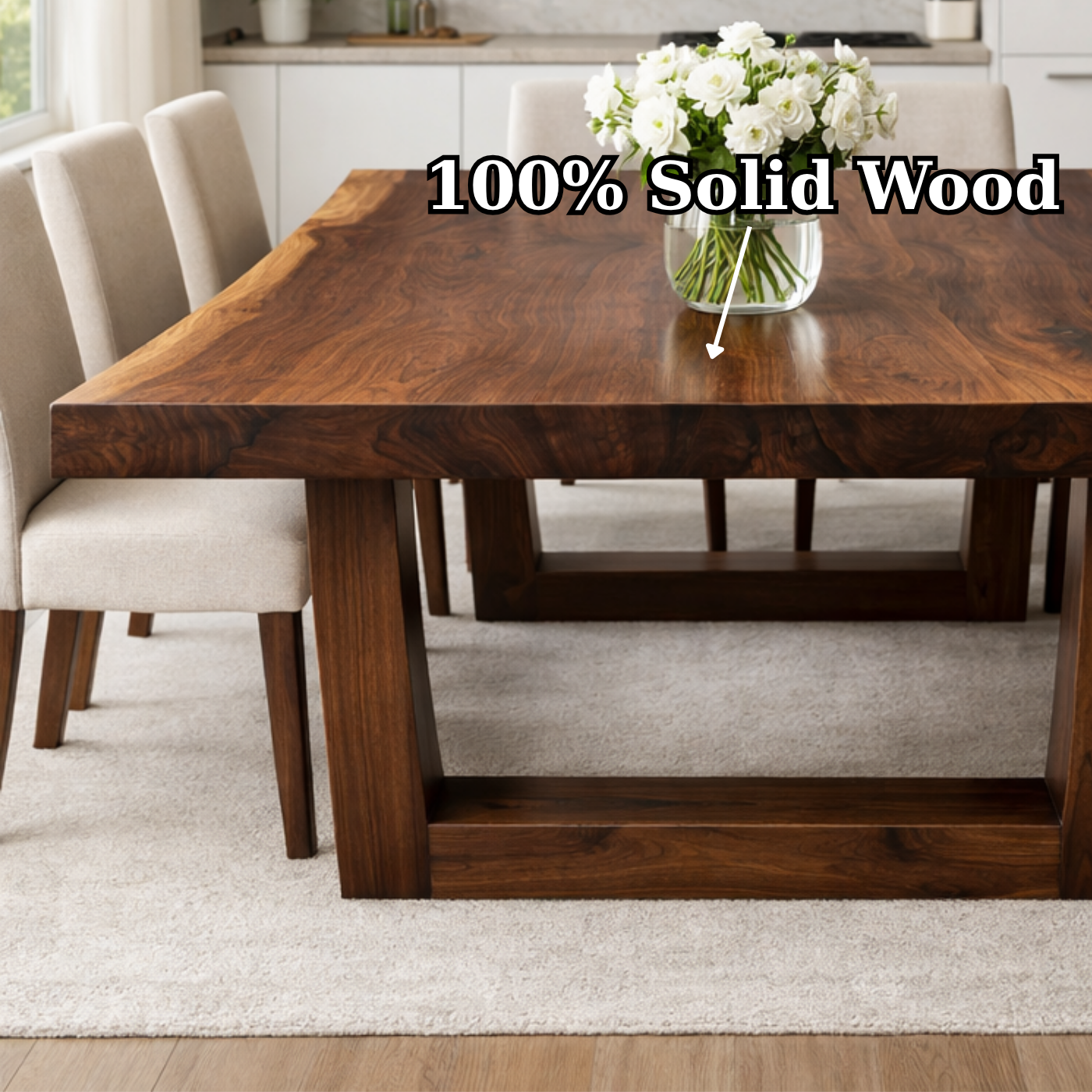 Solid Wood Dining Table with Thick Slab Top & Modern Farmhouse Base