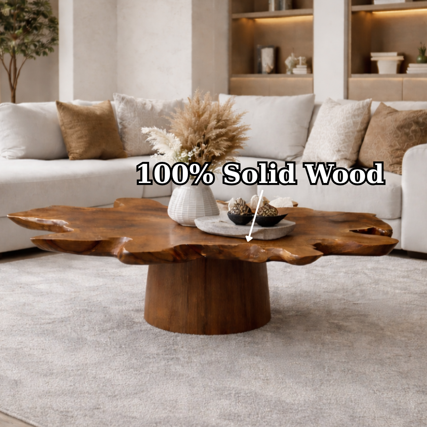 Solid Wood Live Edge Coffee Table with Thick Slab Top & Pedestal Base