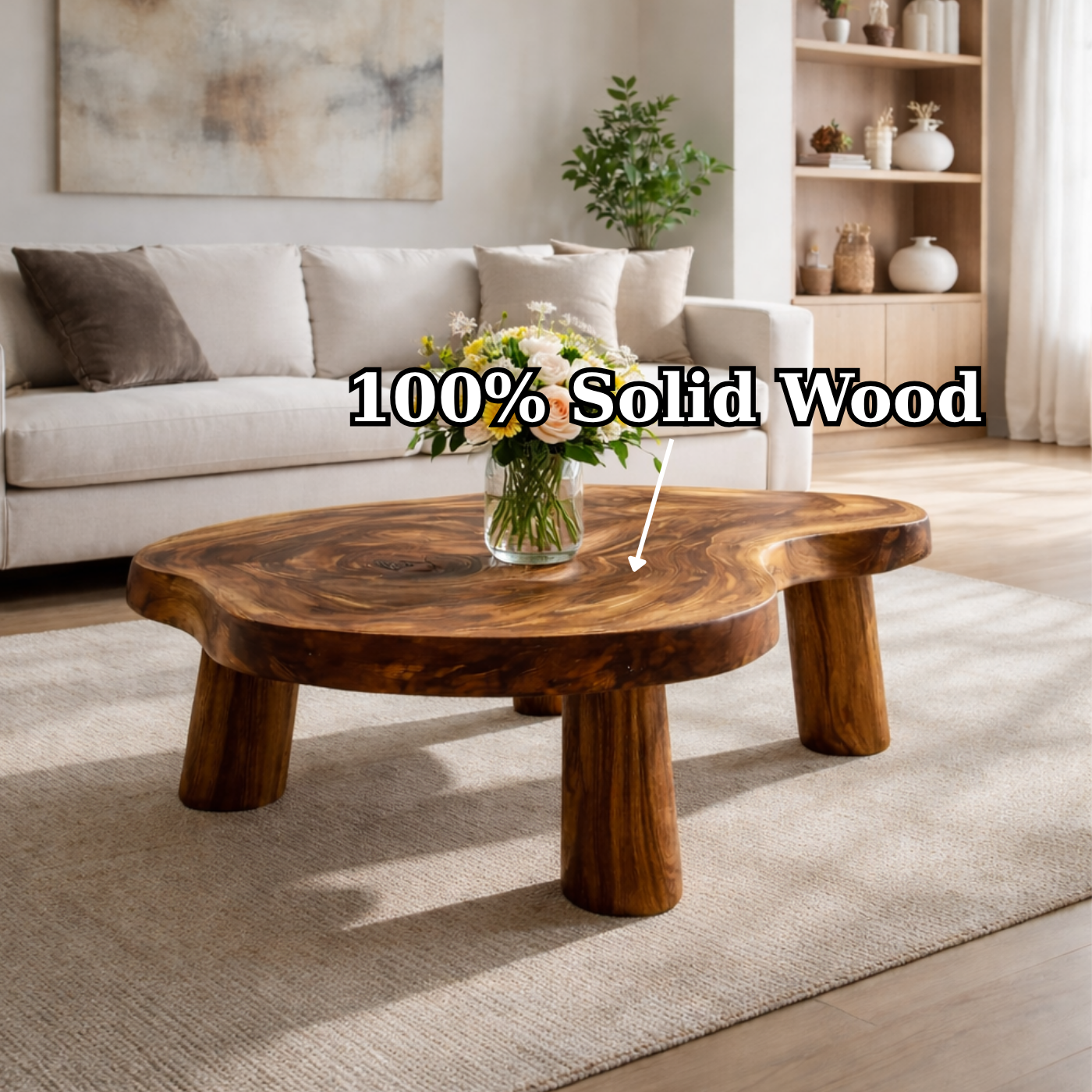 Live Edge Solid Wood Coffee Table with Chunky Legs in Warm Walnut Finish