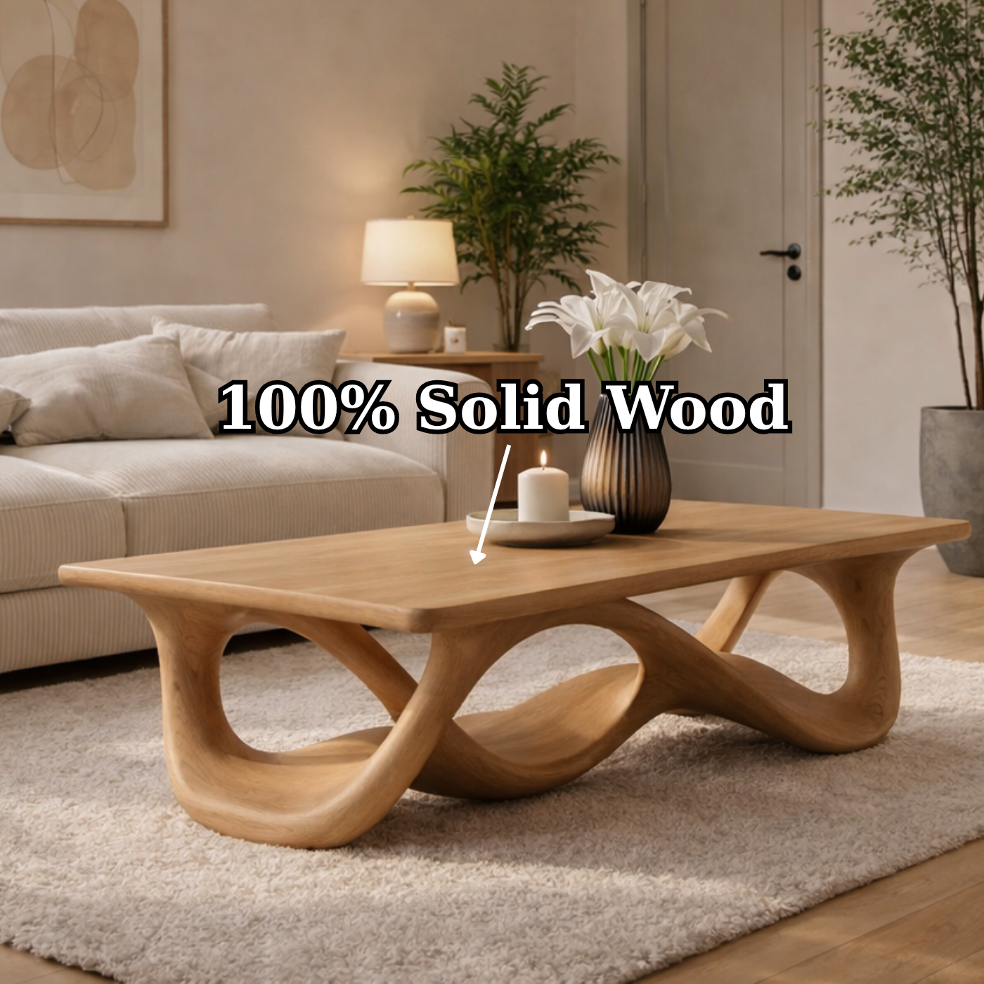 Solid Wood Coffee Table with Sculptural Wave Base in Light Oak Finish
