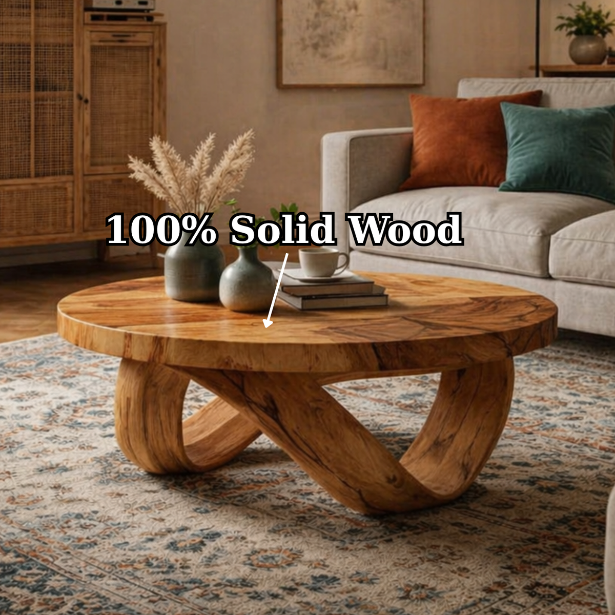 Round Solid Wood Coffee Table with Sculptural Curved Base in Warm Walnut Tone