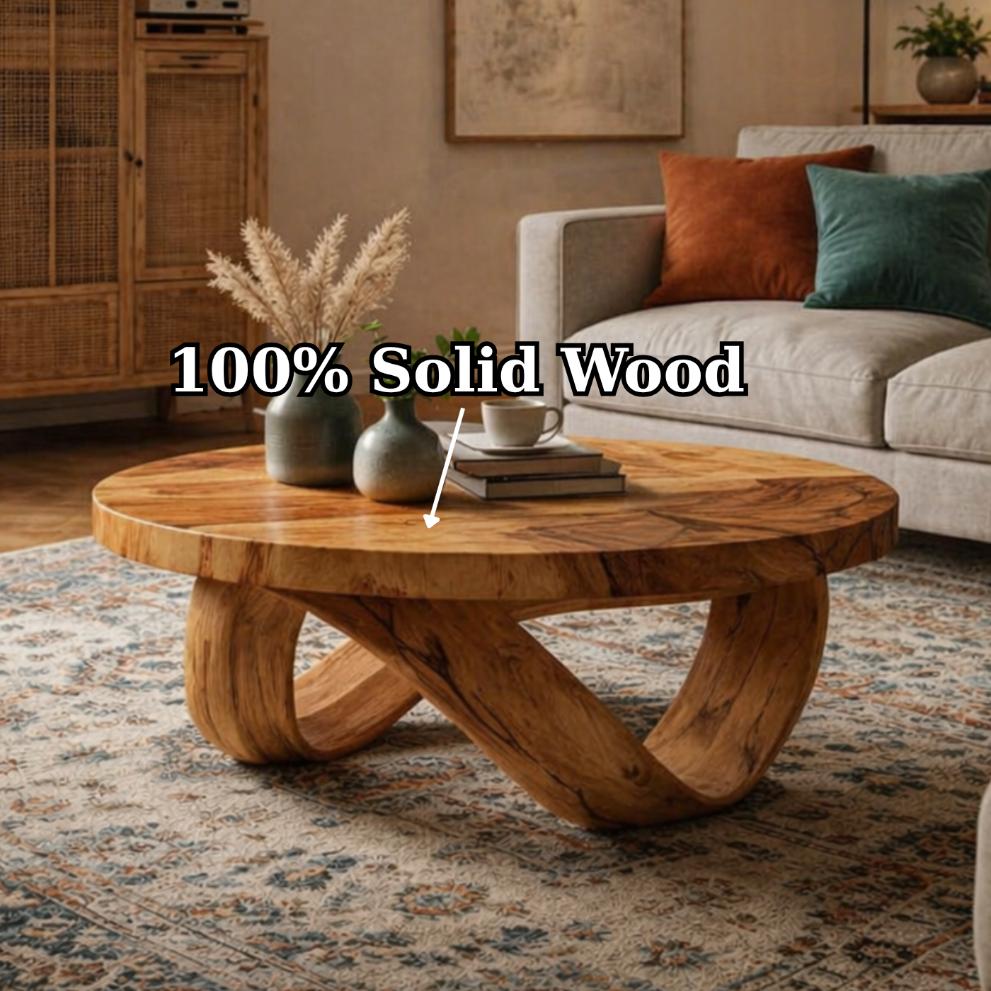 Round Solid Wood Coffee Table with Sculptural Curved Base in Warm Walnut Tone