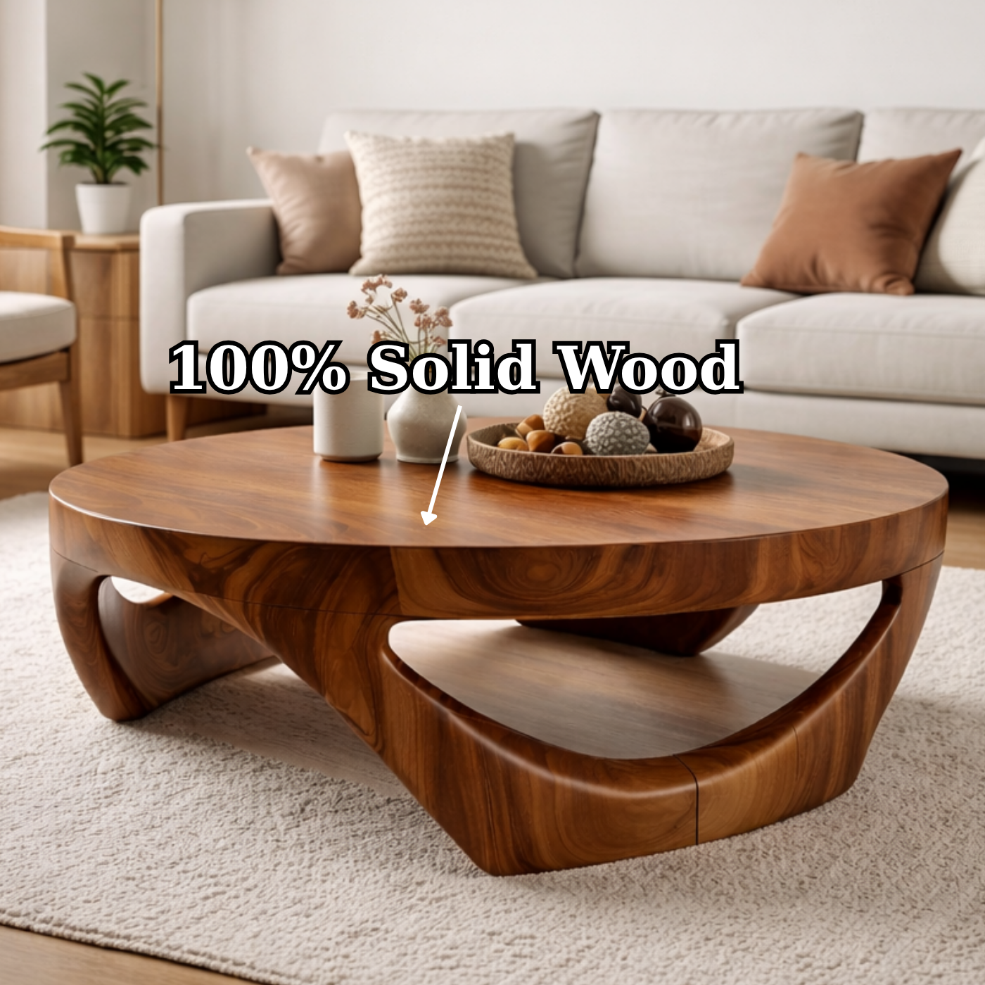 Round Solid Wood Coffee Table with Sculptural Base in Deep Walnut Finish