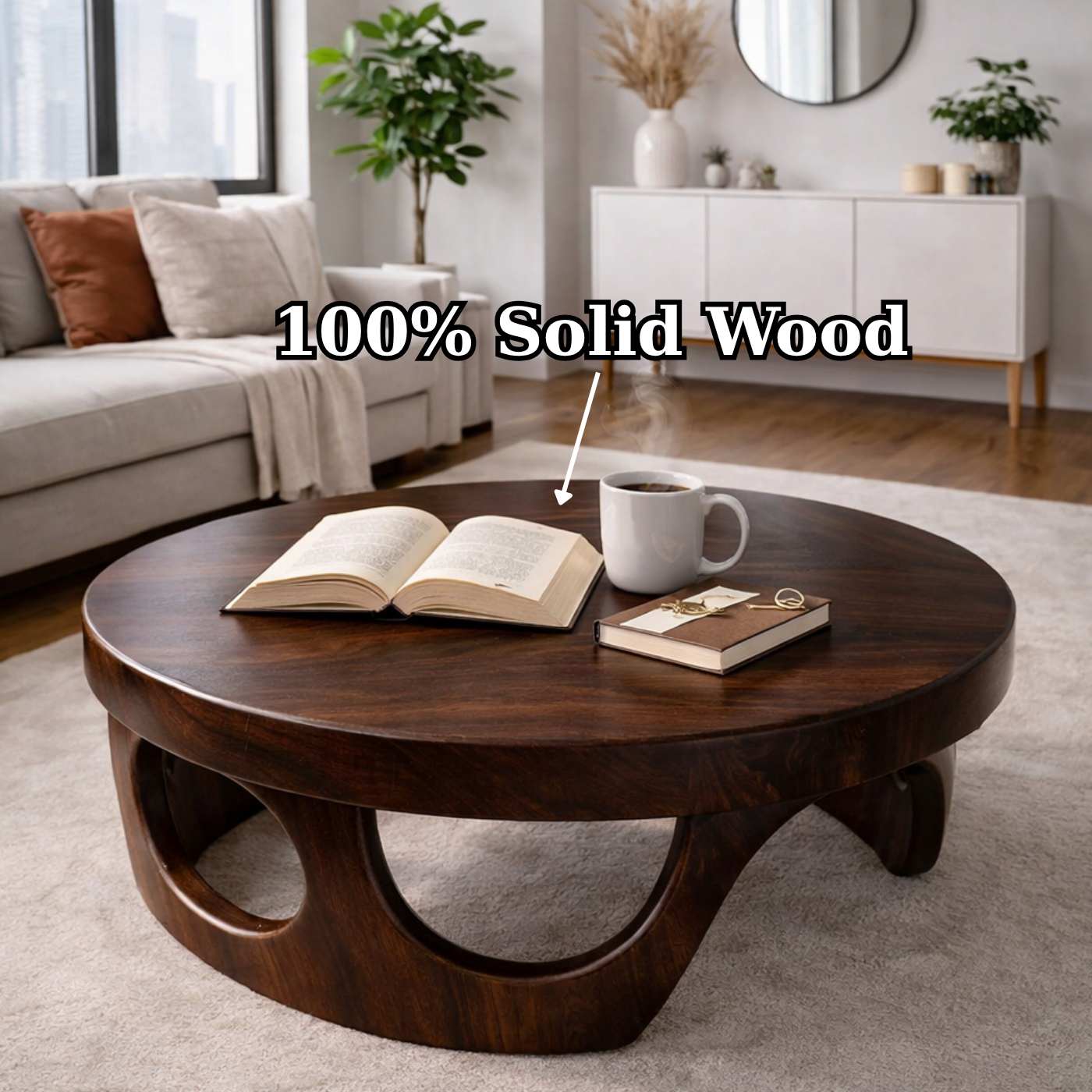 Round Solid Wood Coffee Table with Sculptural Base and Rich Walnut Finish