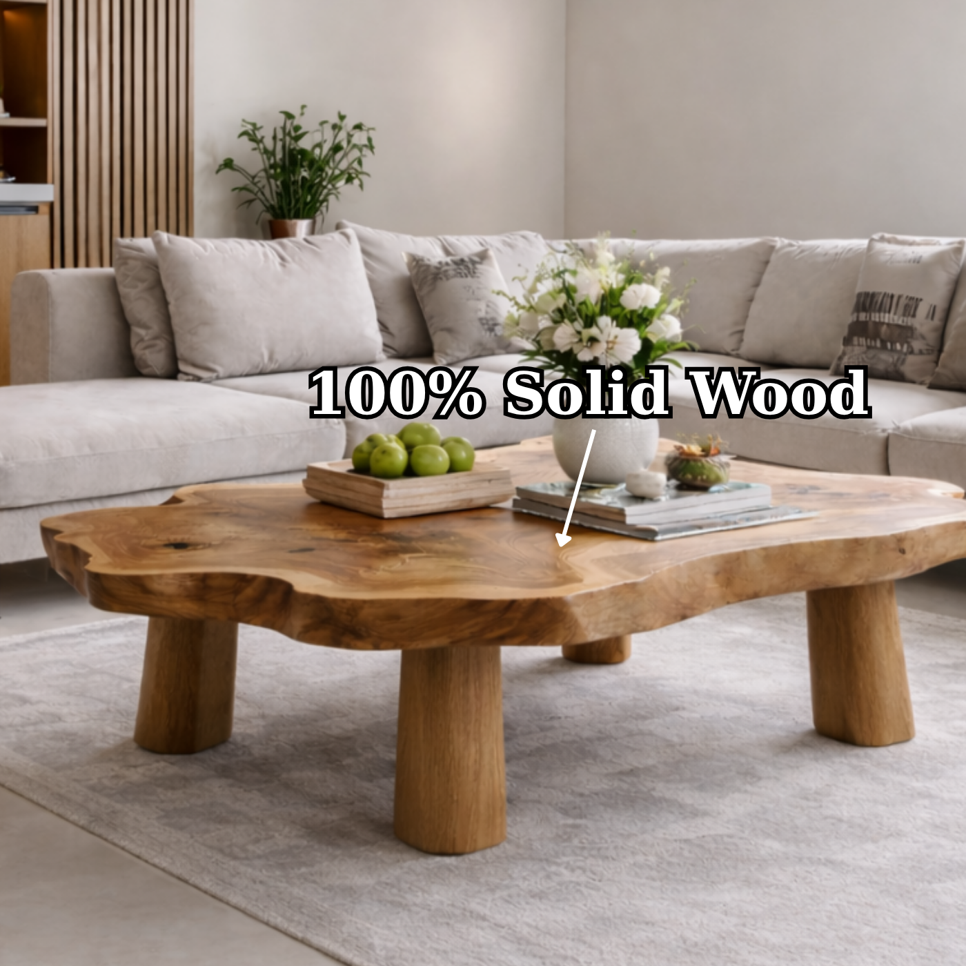 Solid Wood Live Edge Coffee Table with Chunky Legs Rustic Organic Design