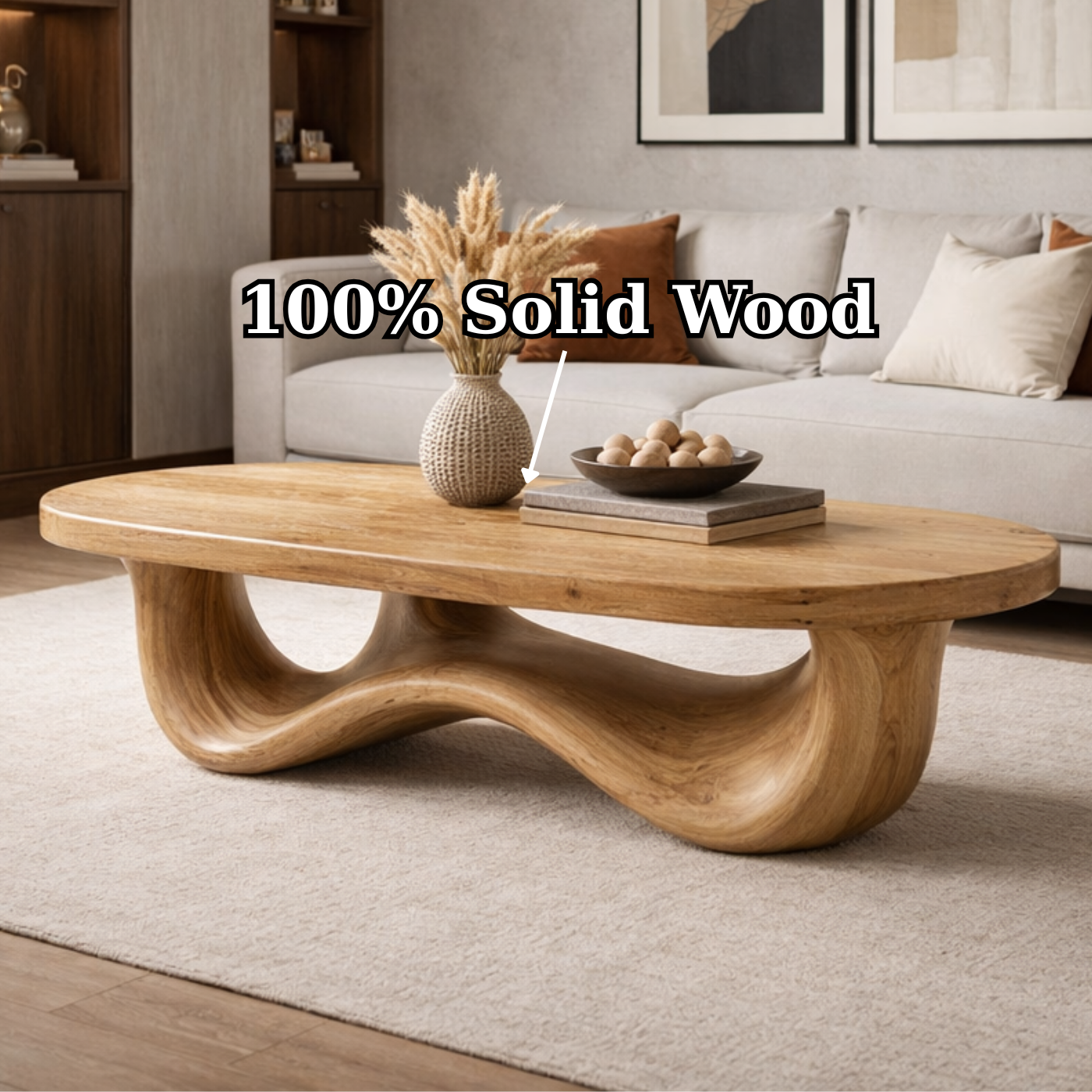 Solid Wood Oval Coffee Table with Sculptural Wave Base and Rustic Walnut Finish