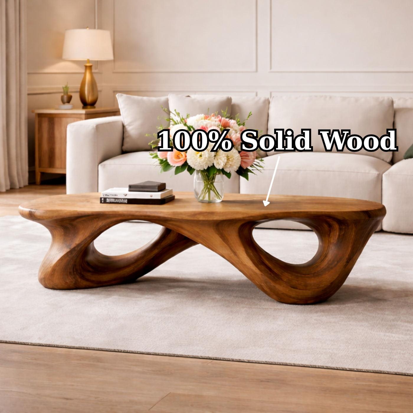 Handcrafted Solid Wood Coffee Table with Sculptural Open Loop Base