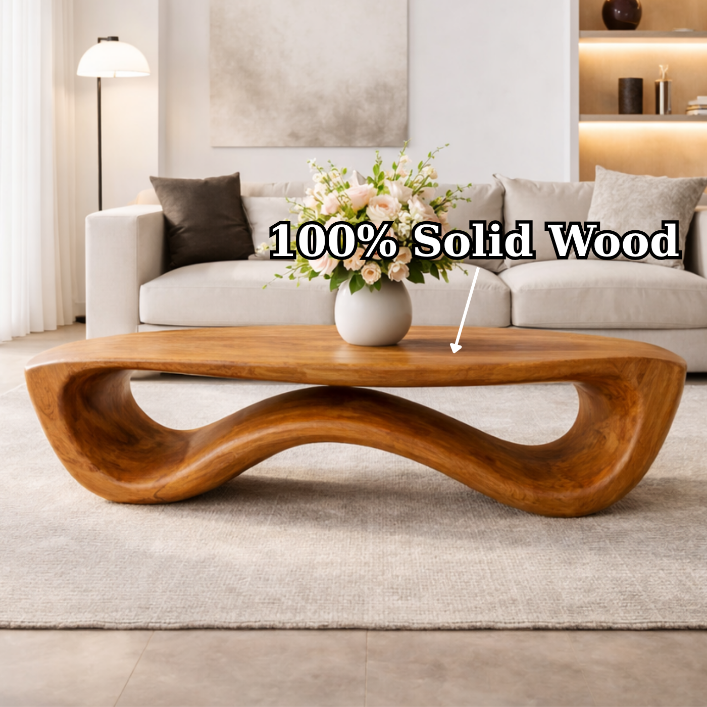 Organic Solid Wood Coffee Table with Sculptural Wave Base and Natural Finish