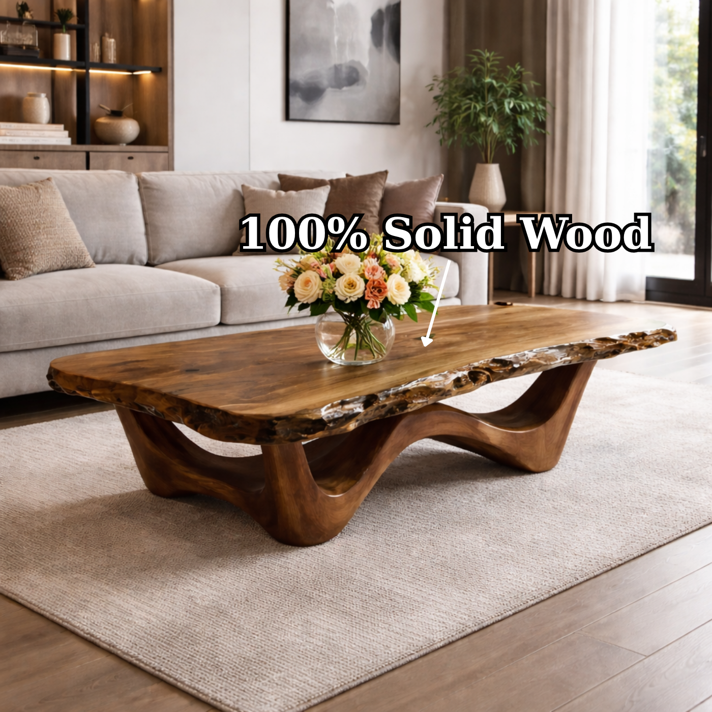 Live Edge Solid Wood Coffee Table with Sculptural Base and Natural Grain