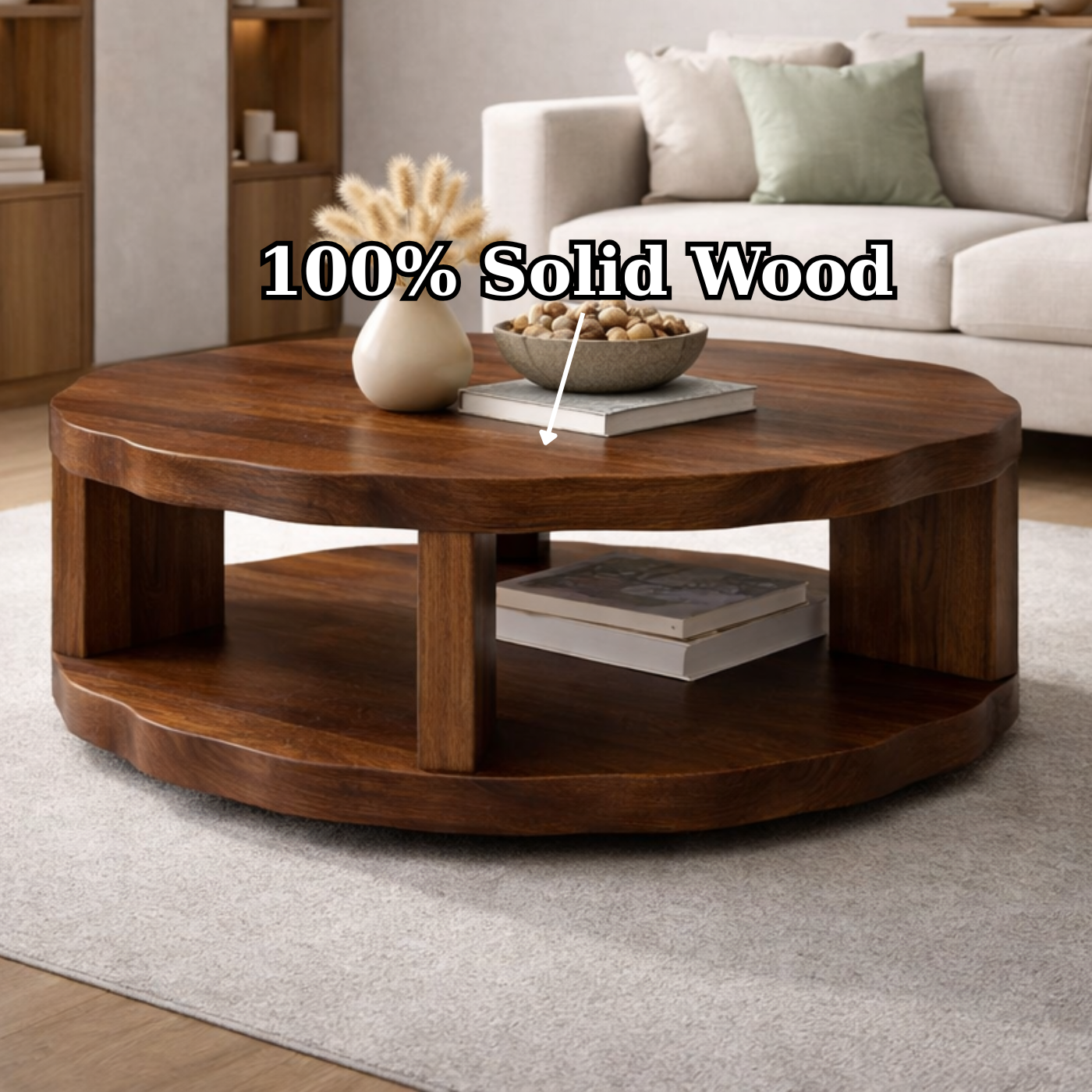 Round Solid Wood Coffee Table with Storage Shelf and Thick Slab Design