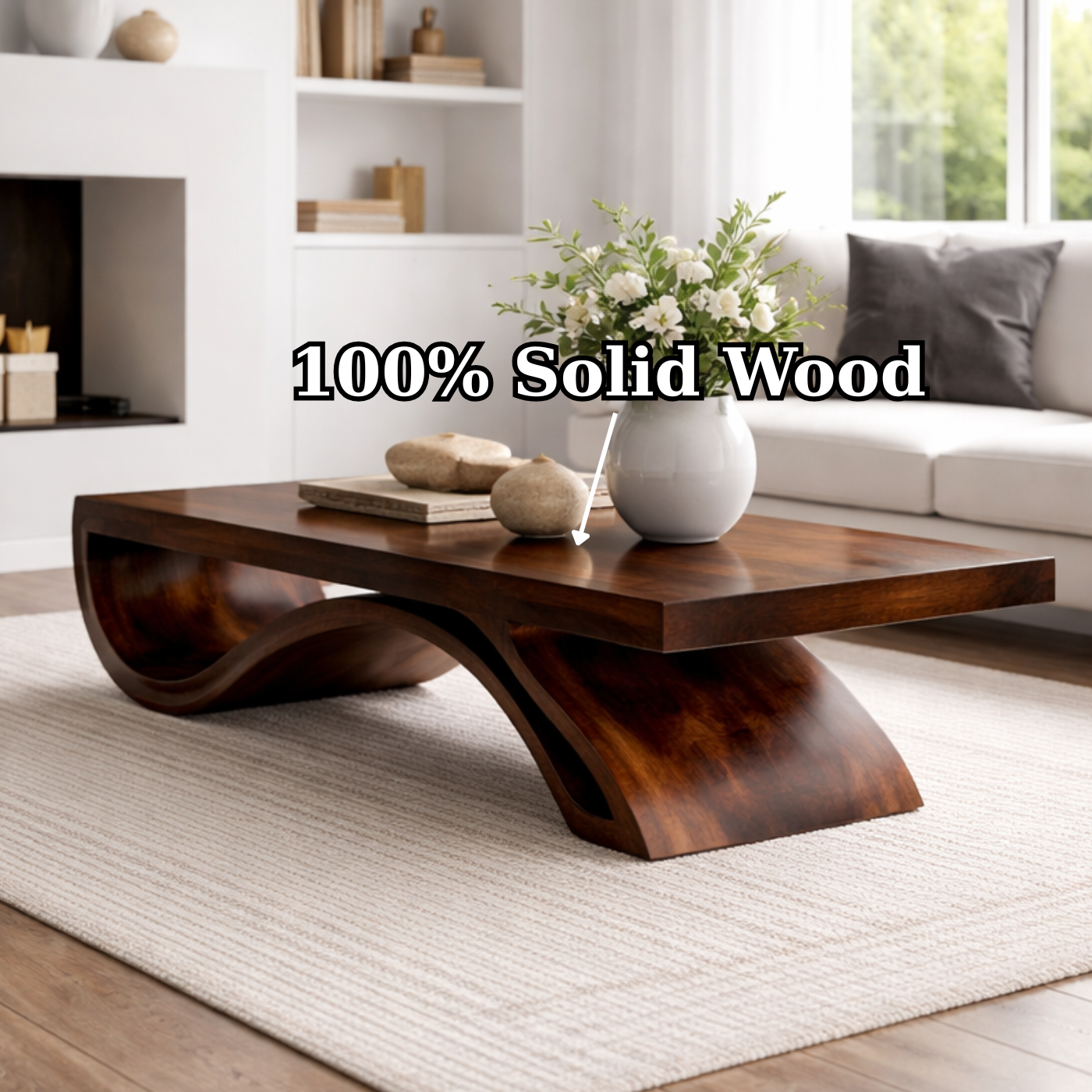 Solid Wood Coffee Table with Sculptural Base and Thick Slab Top