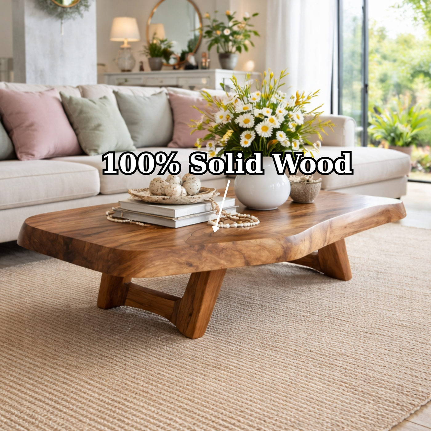 Solid Wood Coffee Table with Live Edge Top and Sculptural Base