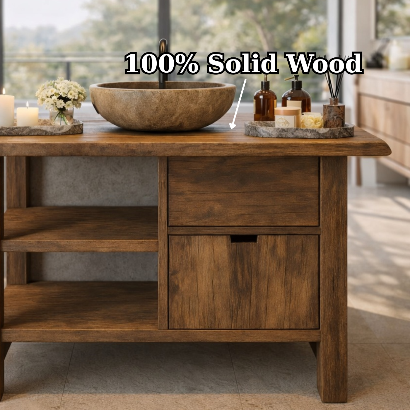 Modern Solid Wood Vanity Cabinet with Drawer and Open Storage for Minimalist Bathrooms