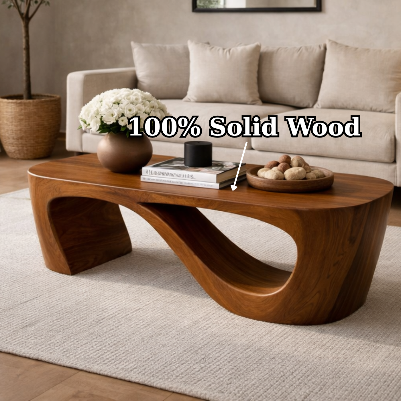 Solid Wood Coffee Table with Sculptural Curved Base and Organic Minimal Design