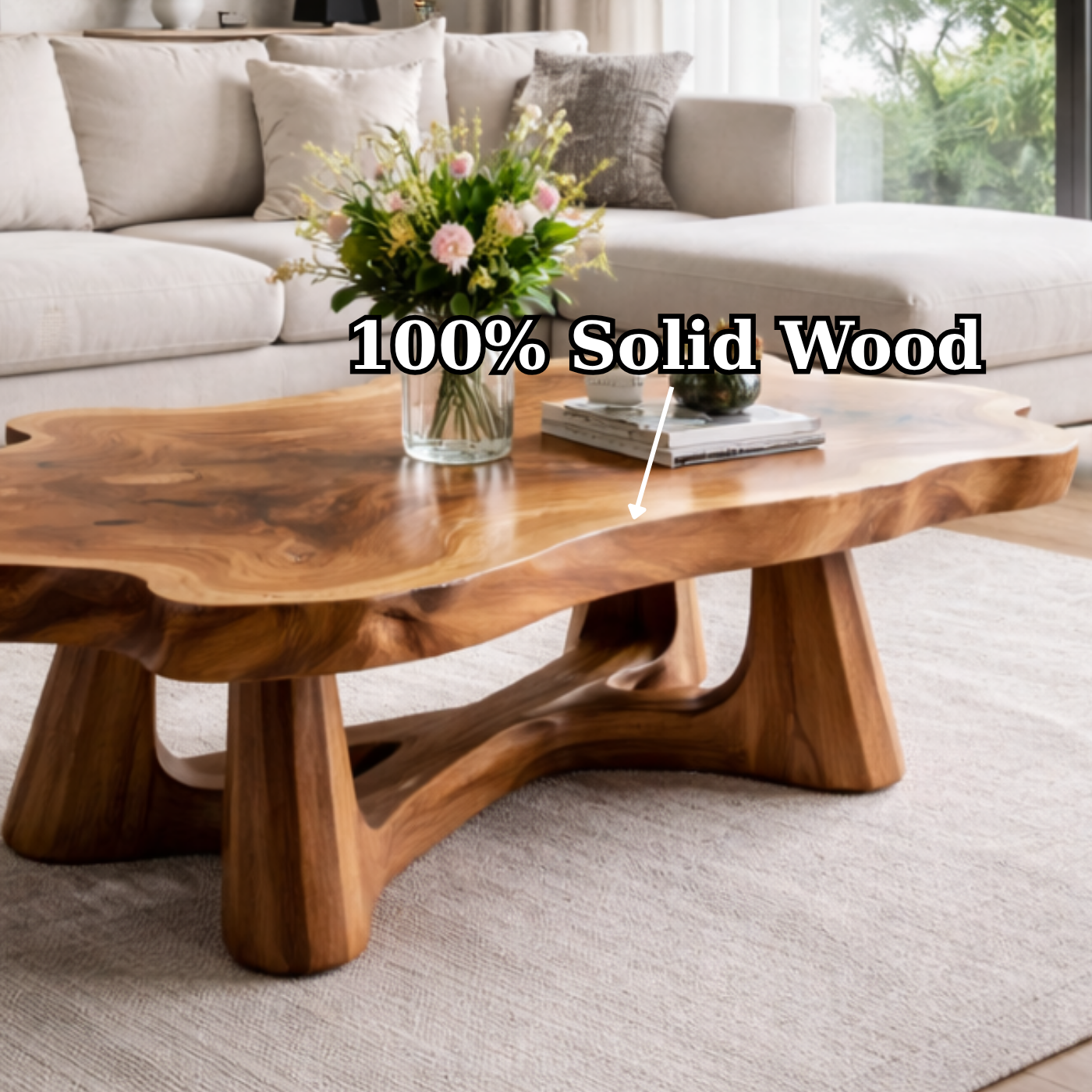 Solid Wood Live Edge Coffee Table with Sculptural Base and Organic Curved Design