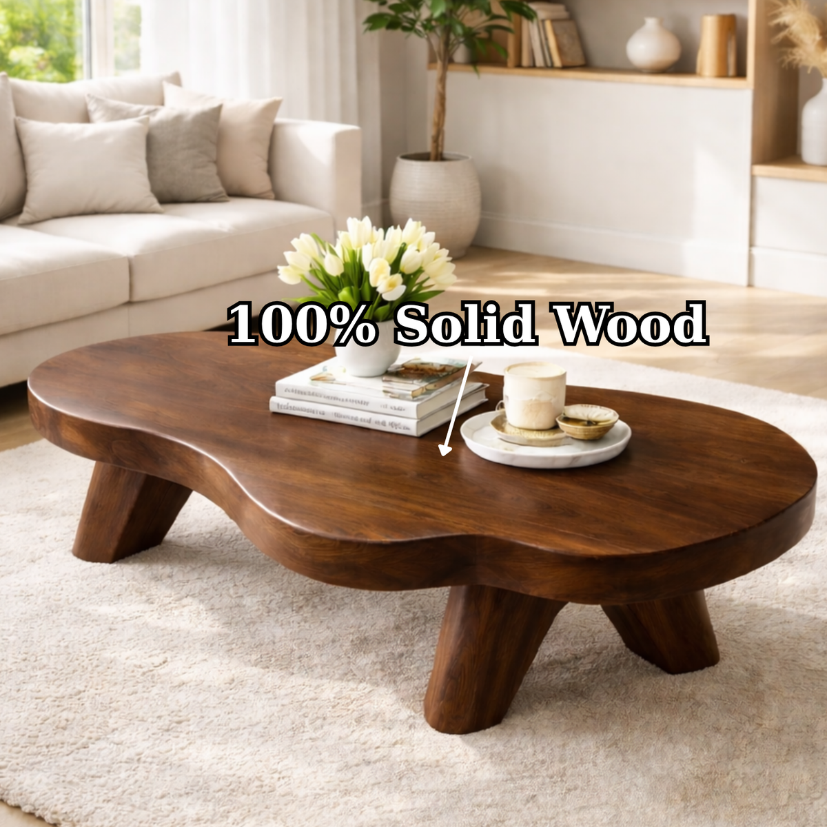Organic Solid Wood Coffee Table with Sculpted Base and Smooth Curved Top