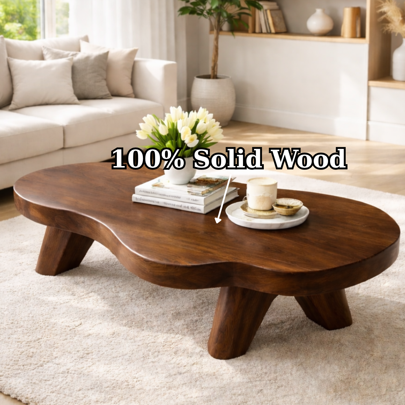 Organic Solid Wood Coffee Table with Sculpted Base and Smooth Curved Top