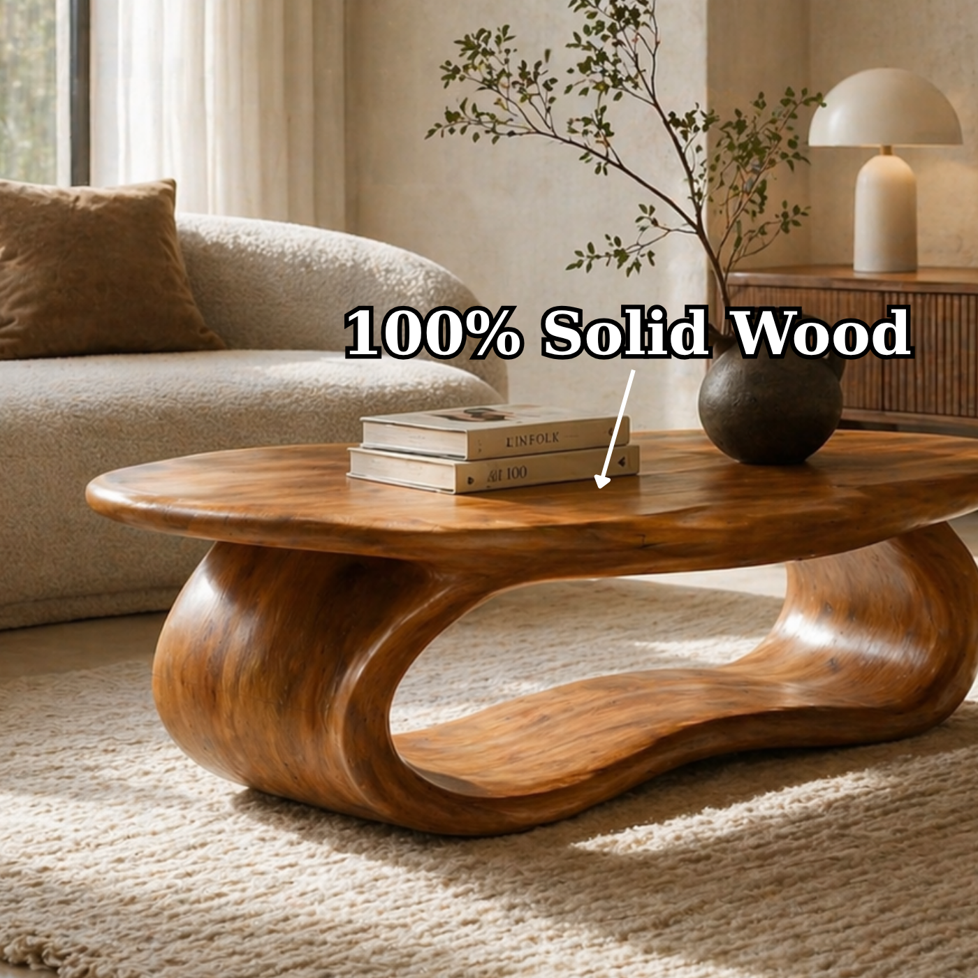 Solid Wood Coffee Table with Sculptural Loop Base and Organic Top