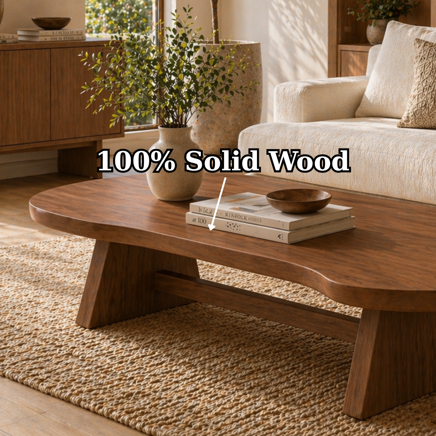 Solid Wood Coffee Table with Organic Oval Top and Angled Base