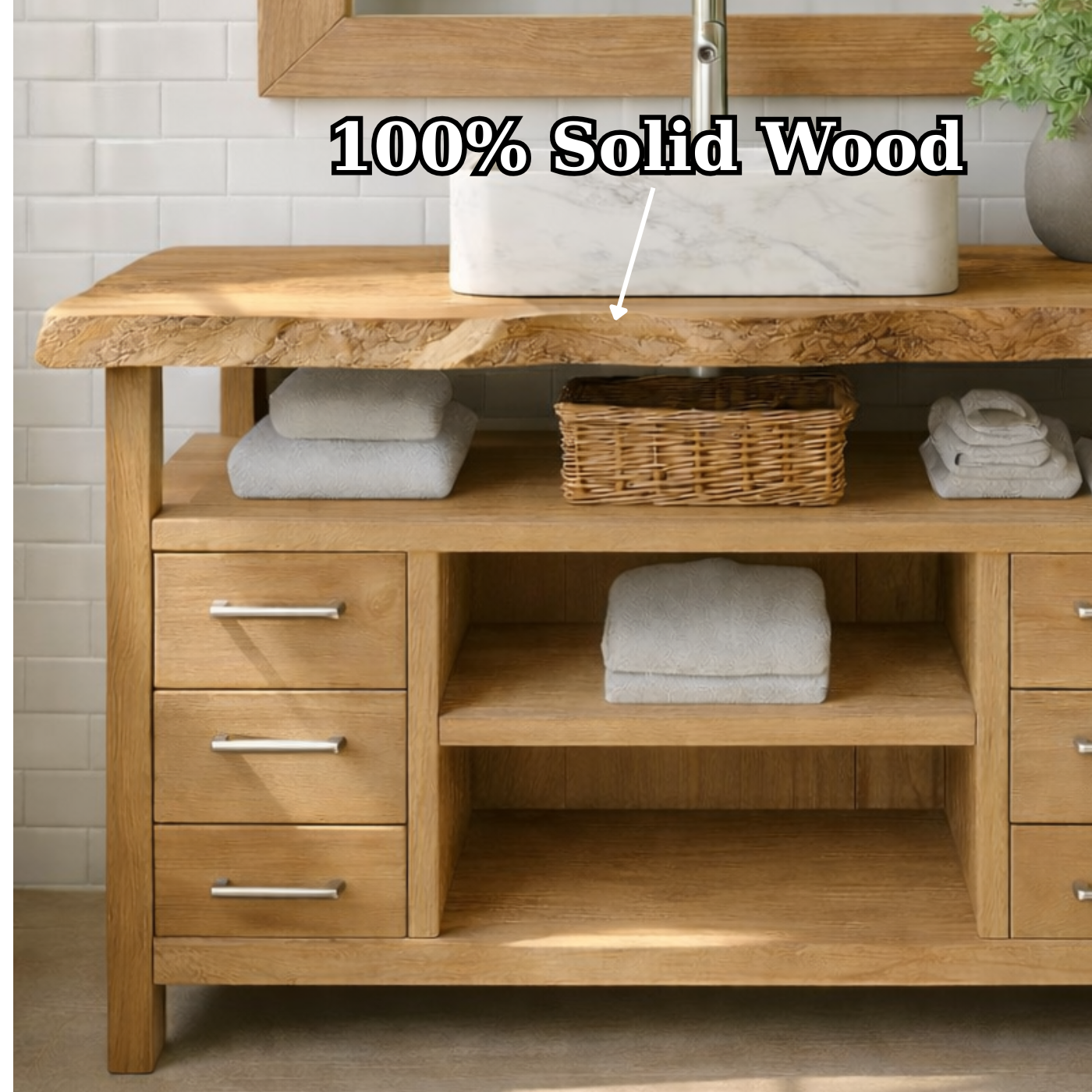 Solid Wood Bathroom Vanity with Six Drawers and Open Shelves – Freestanding Natural Wood Vanity Cabinet Kitchnce