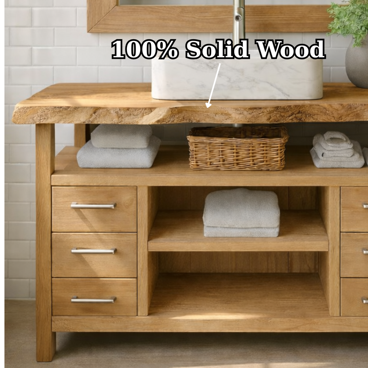 Solid Wood Bathroom Vanity with Six Drawers and Open Shelves – Freestanding Natural Wood Vanity Cabinet Kitchnce