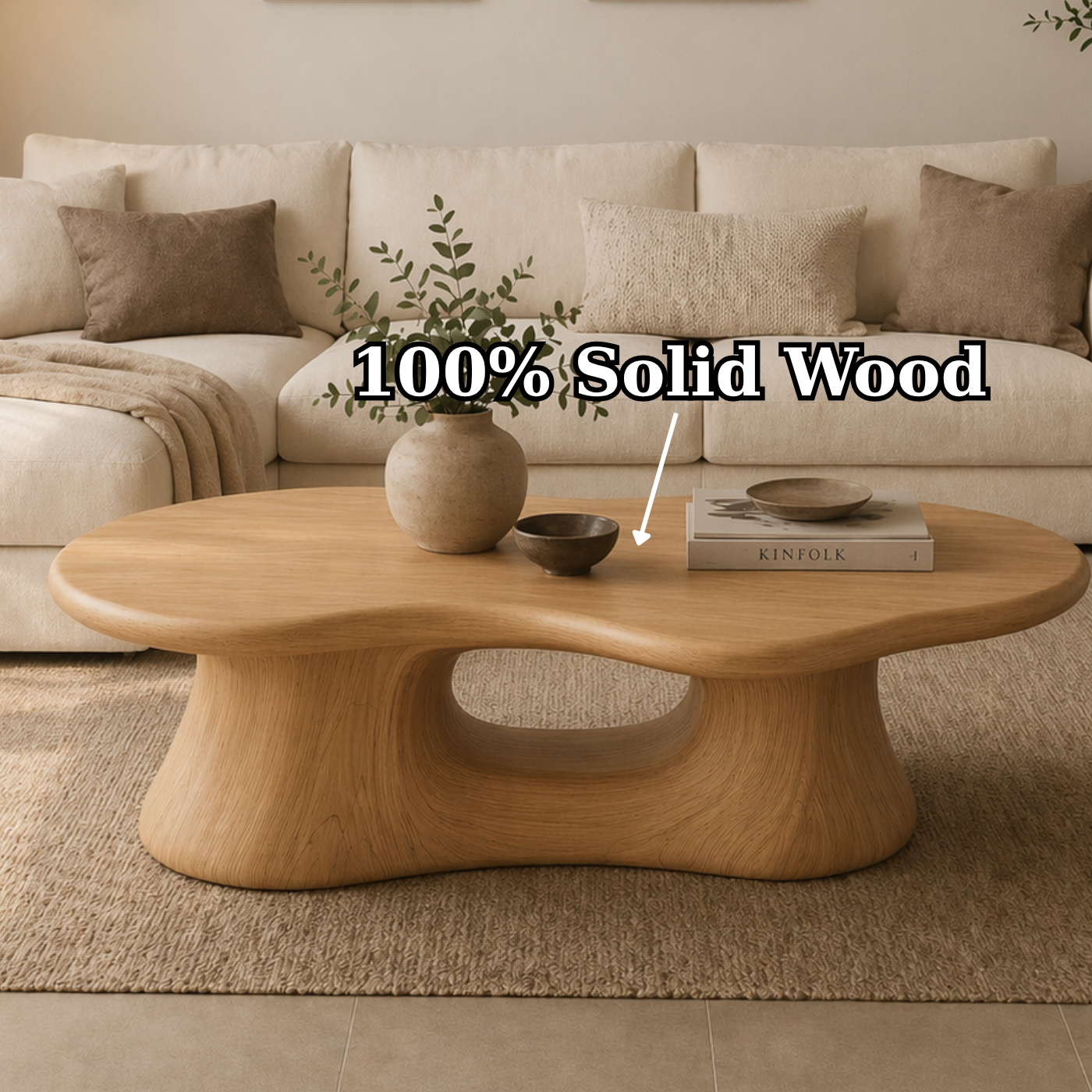 Solid Wood Coffee Table with Sculpted Base and Organic Top