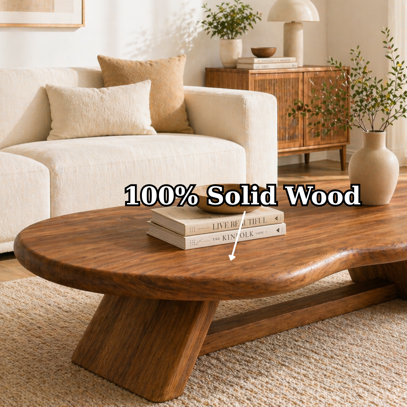 Solid Wood Coffee Table with Organic Oval Top and Angled Base