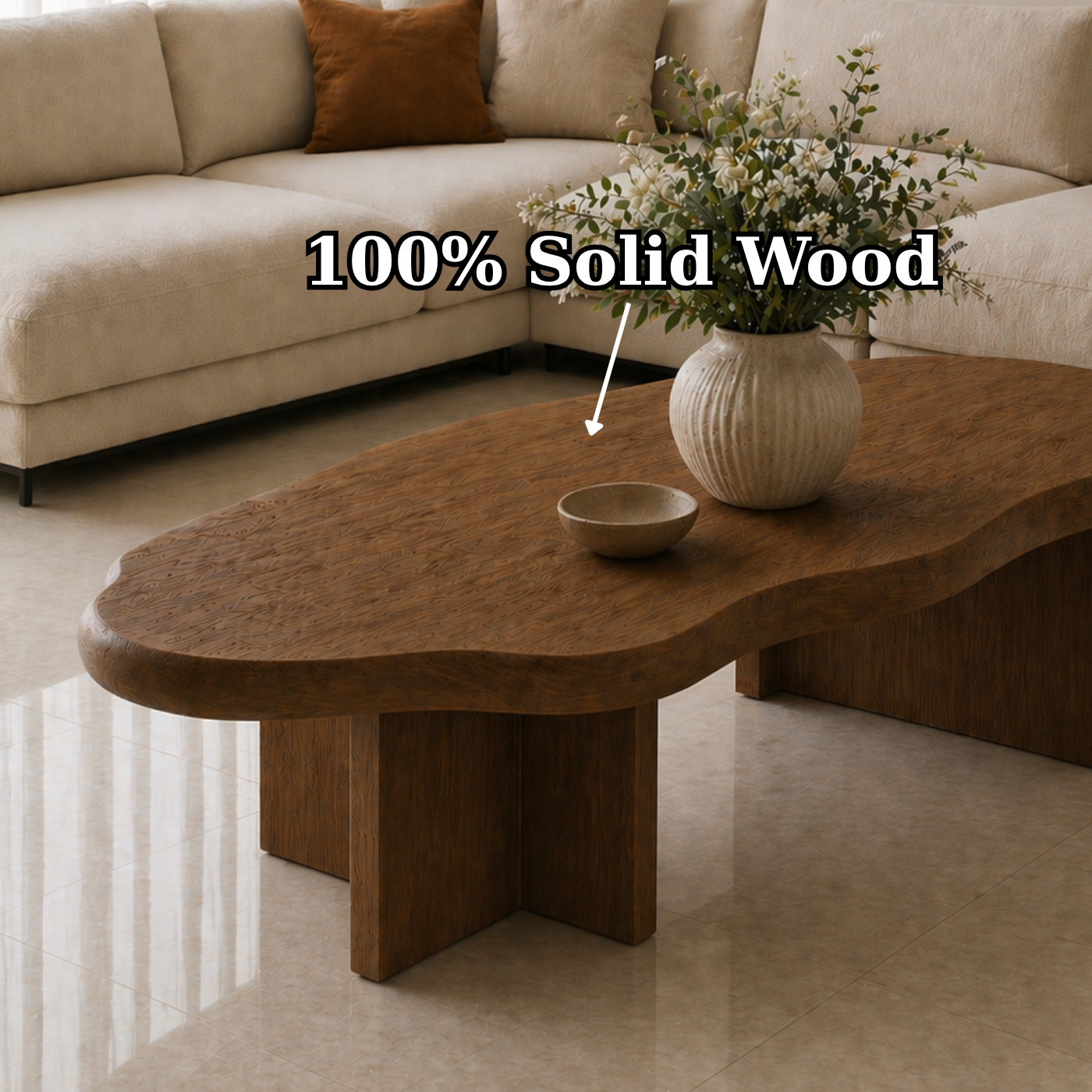 Solid Wood Coffee Table with Organic Shape and Thick Block Base