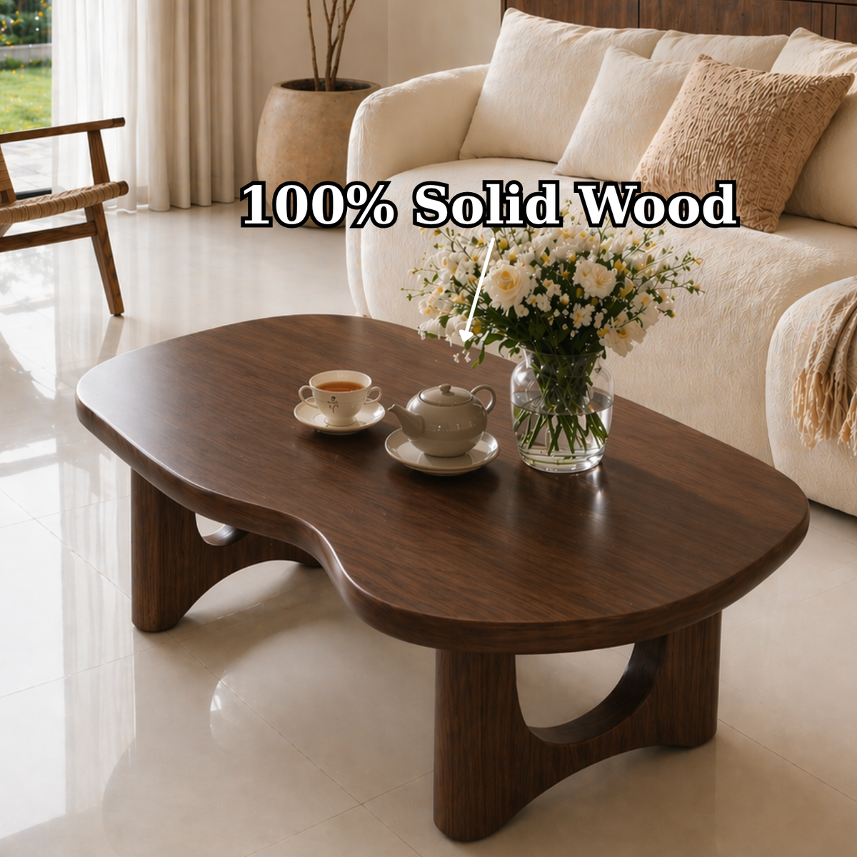Solid Wood Coffee Table with Organic Shape and Sculpted Base