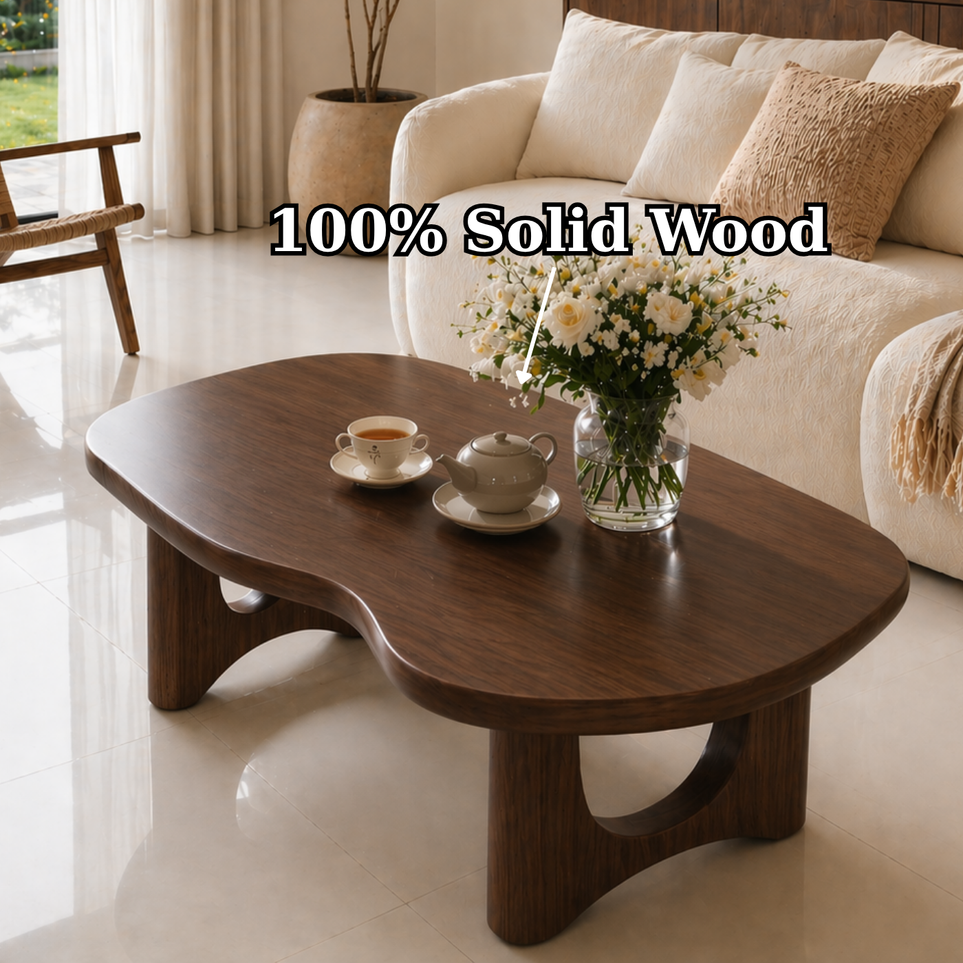 Solid Wood Coffee Table with Organic Shape and Sculpted Base