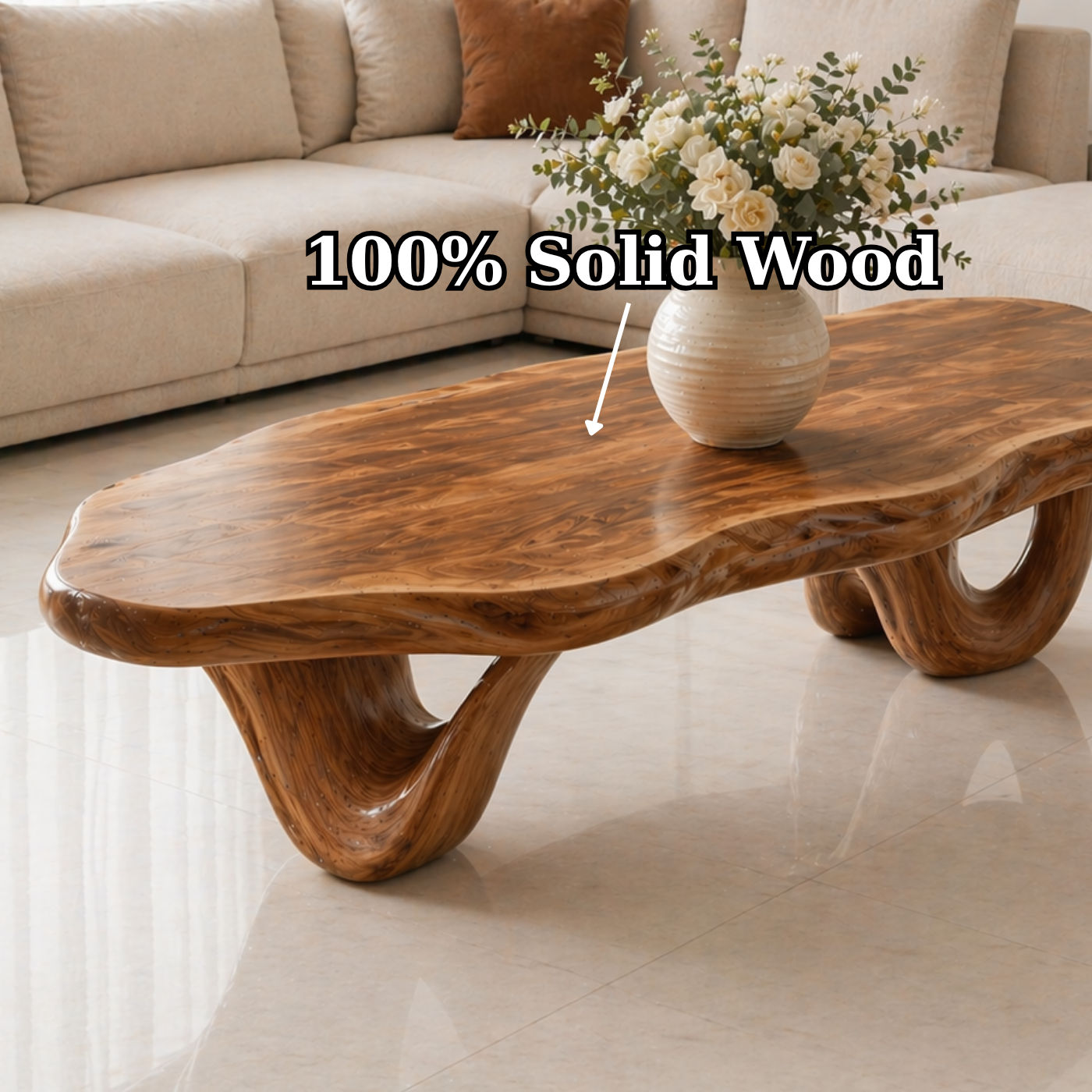 Solid Wood Coffee Table with Live Edge Top and Sculptural Loop Base