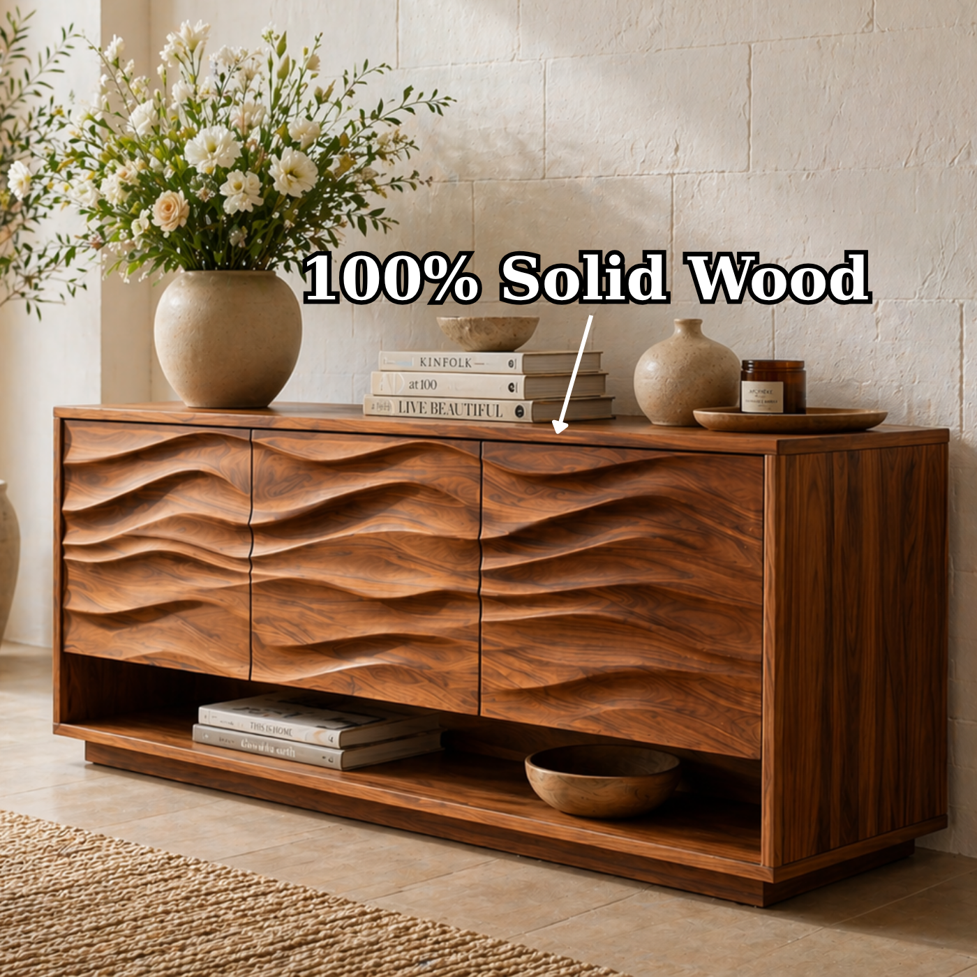 Solid Wood Console Table with Wave Carved Doors and Open Shelf in Walnut Finish