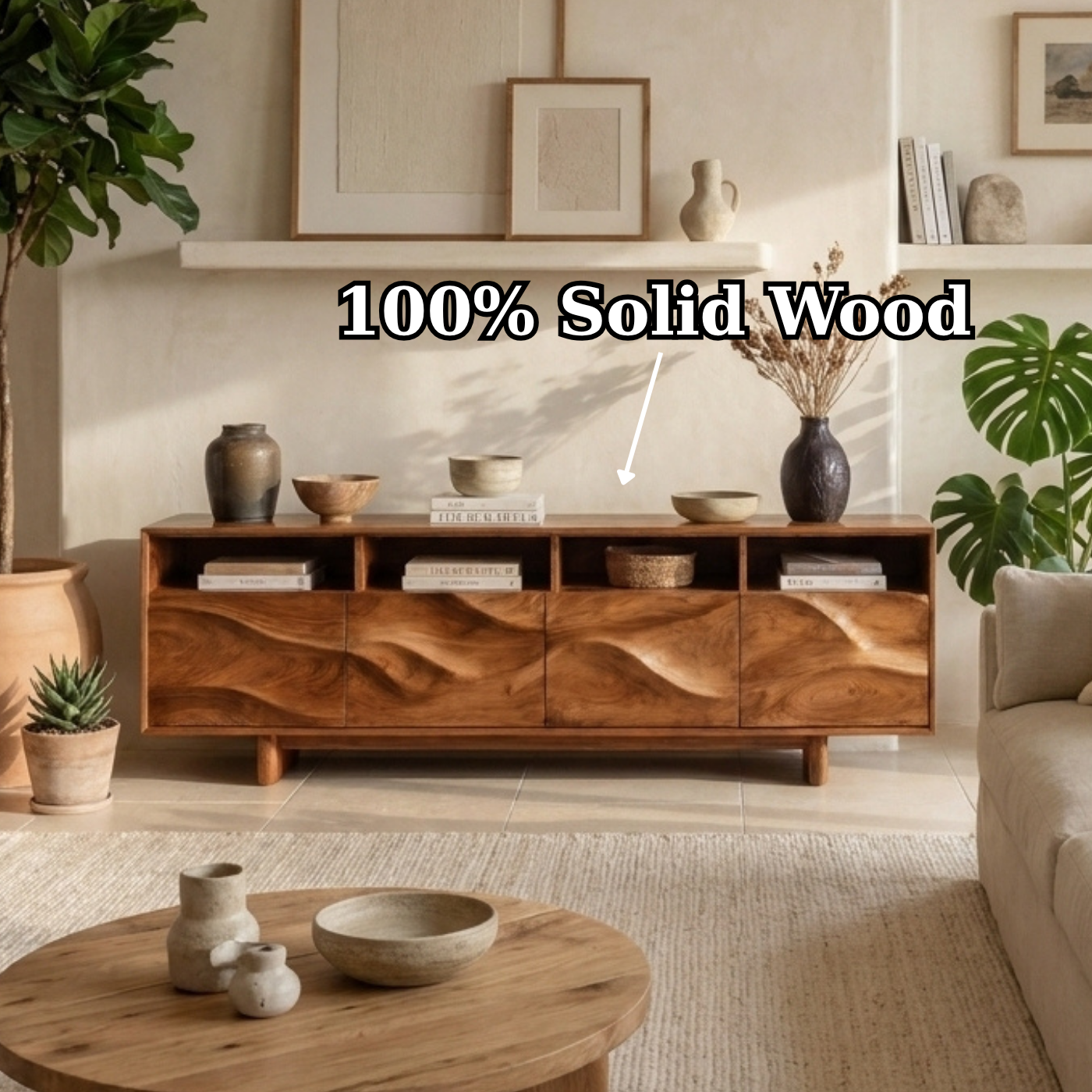 Solid Wood TV Stand with Wave Carved Doors and Open Storage in Walnut Finish