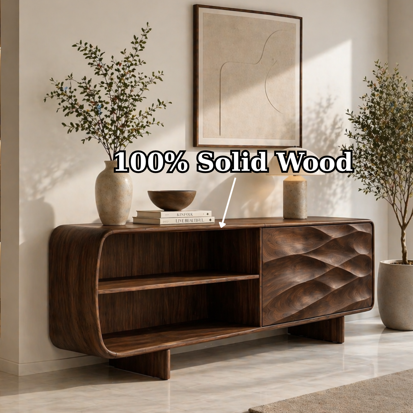 Solid Wood TV Stand with Curved Frame and Wave Carved Door in Walnut Finish