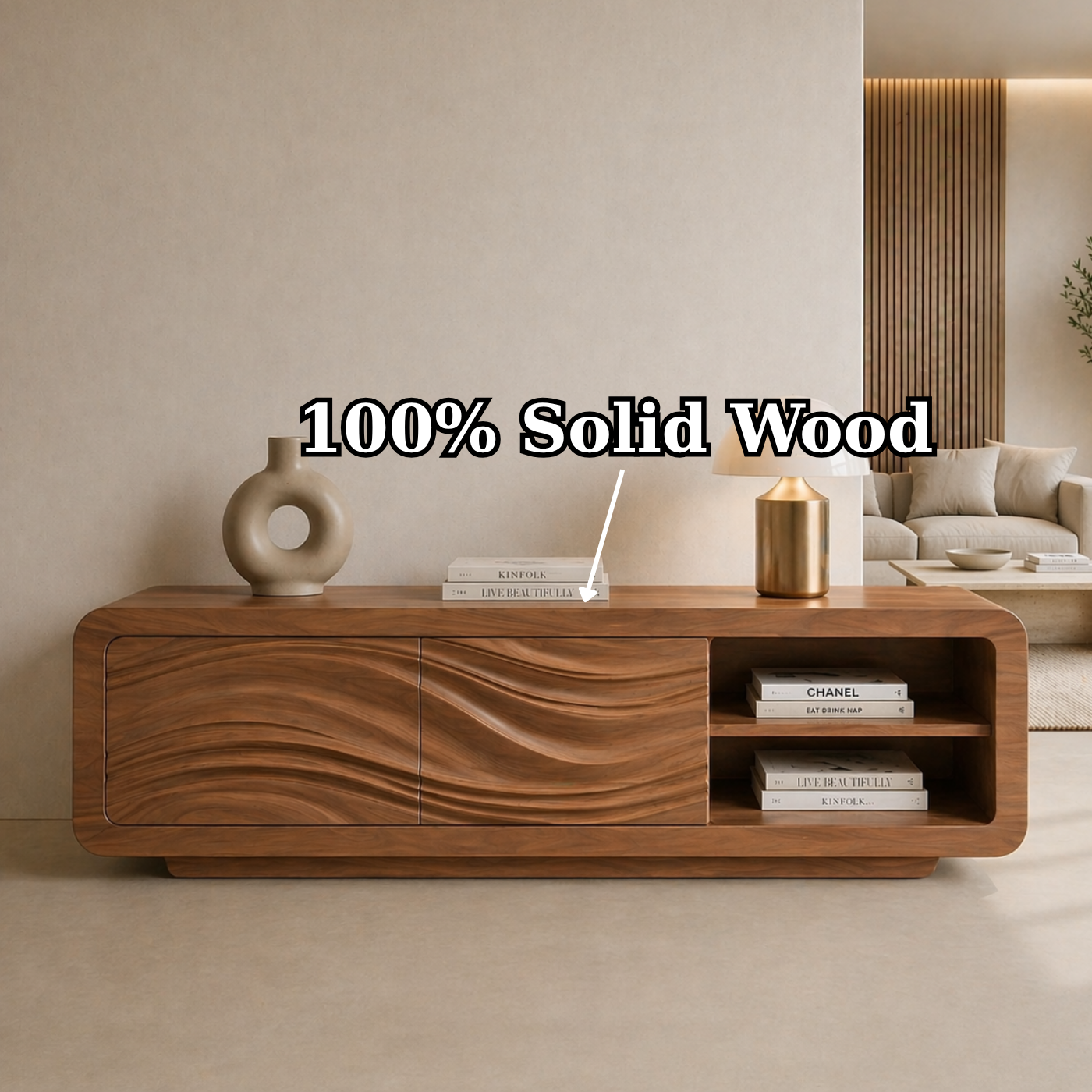 Solid Wood TV Stand with Wave Carved Doors and Open Shelf in Walnut Finish