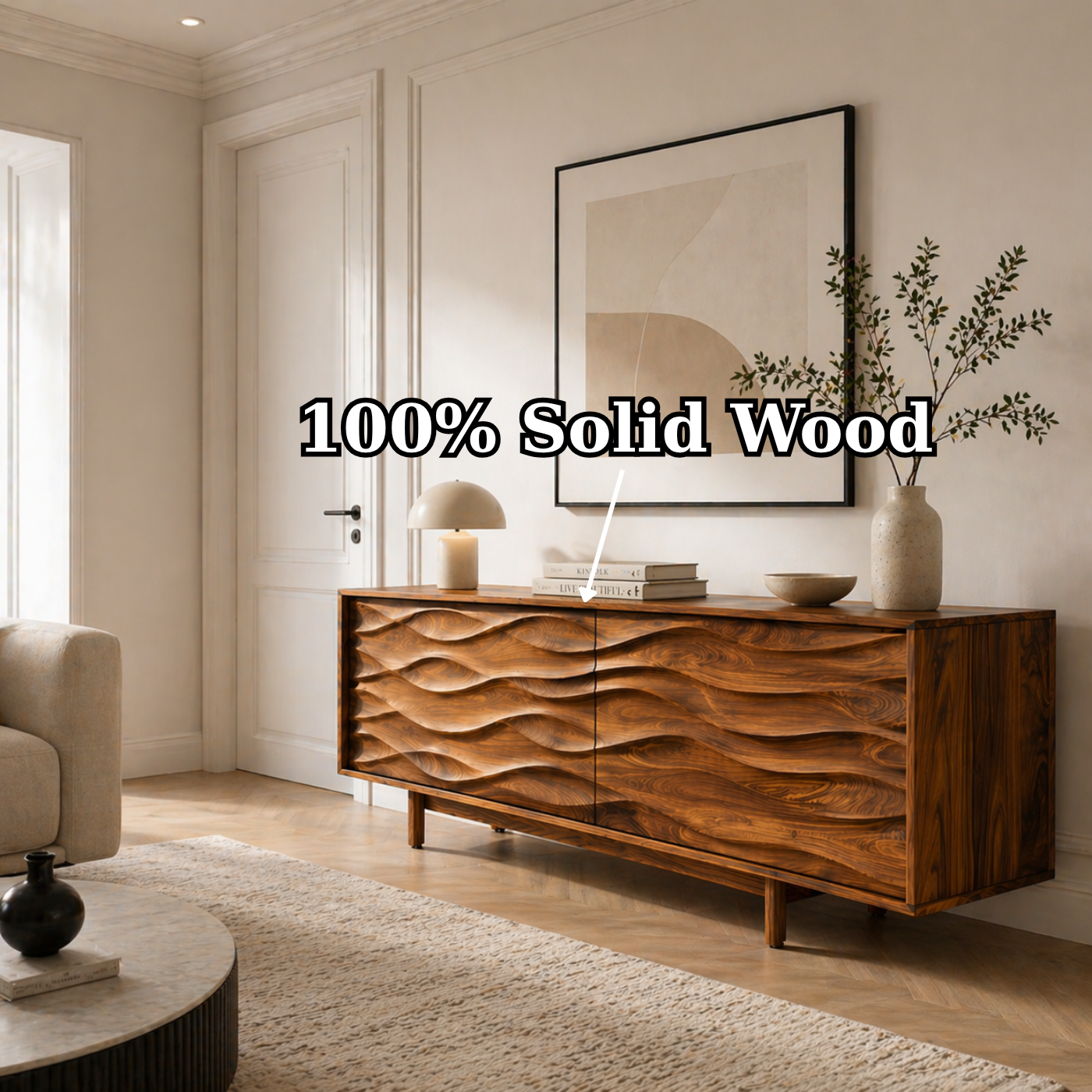 Solid Wood TV Stand with Sculpted Wave Carved Doors in Rich Walnut Finish