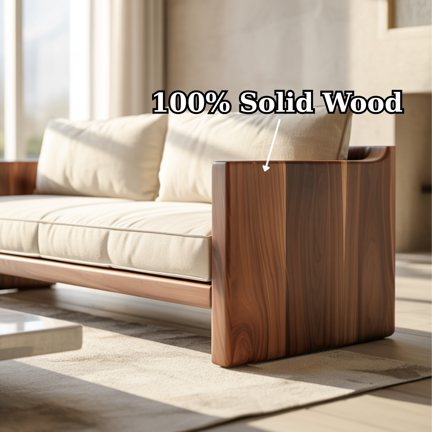 Modern Solid Wood Sofa with Minimalist Block Arms