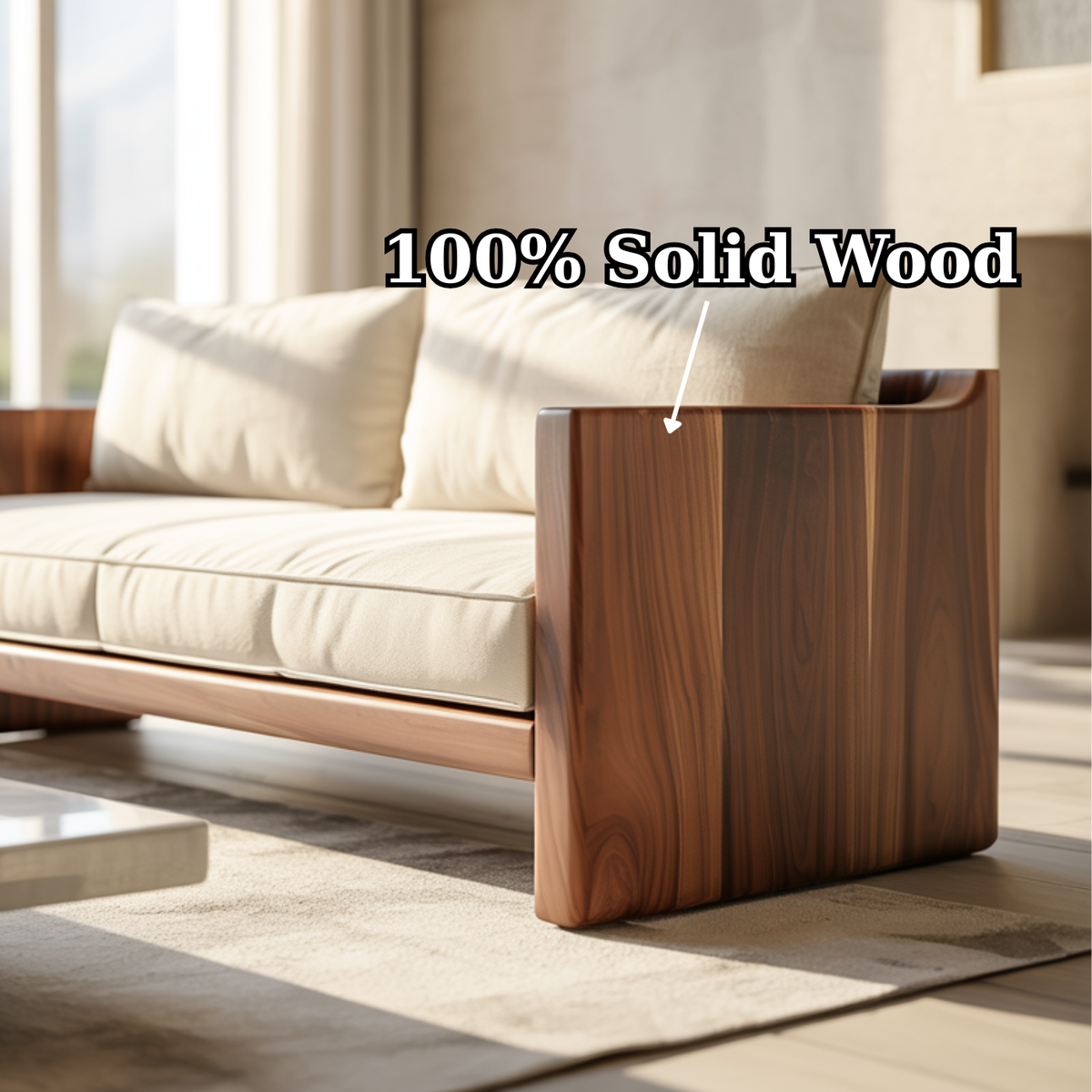 Modern Solid Wood Sofa with Minimalist Block Arms