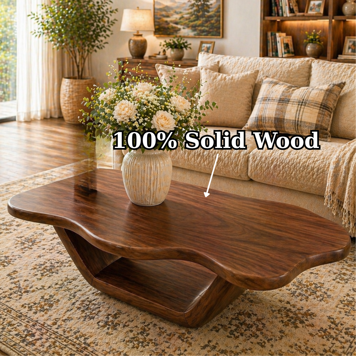 Solid Wood Coffee Table with Organic Curved Top and Sculptural Base